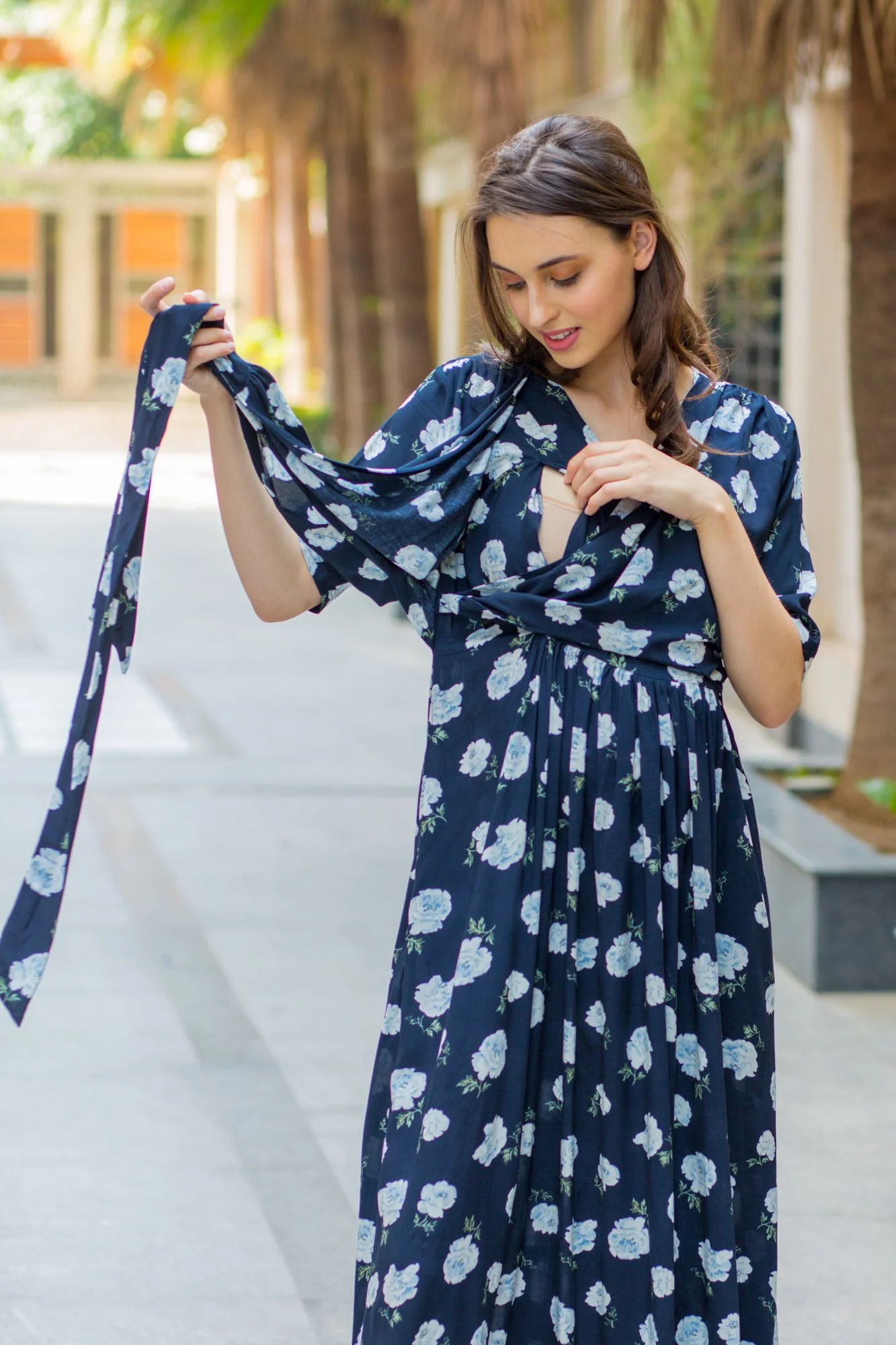 Navy White Blossom Maternity & Nursing Wrap Dress - Chenance