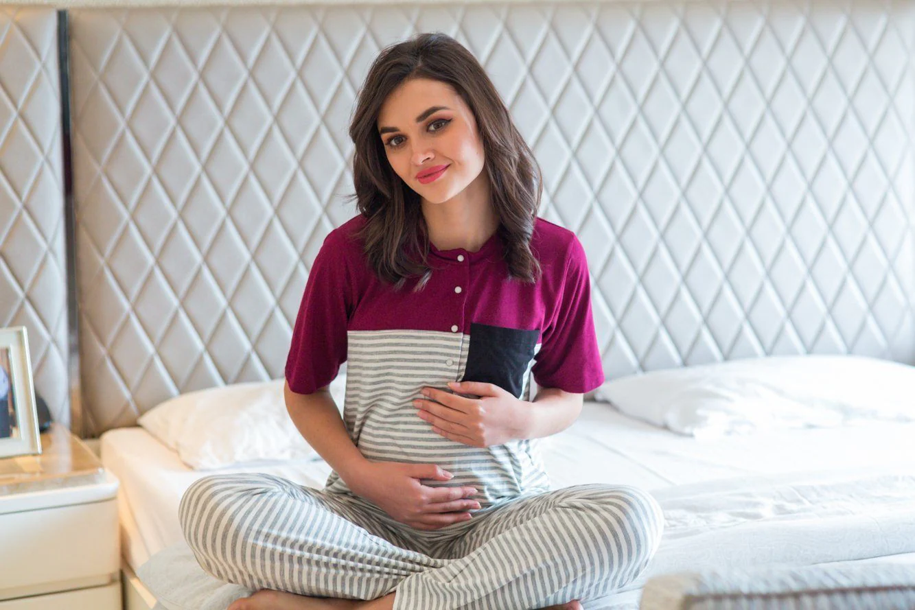 Set of Two - Burgundy Striped Lounge Maternity & Nursing Pyjamas Set - Chenance