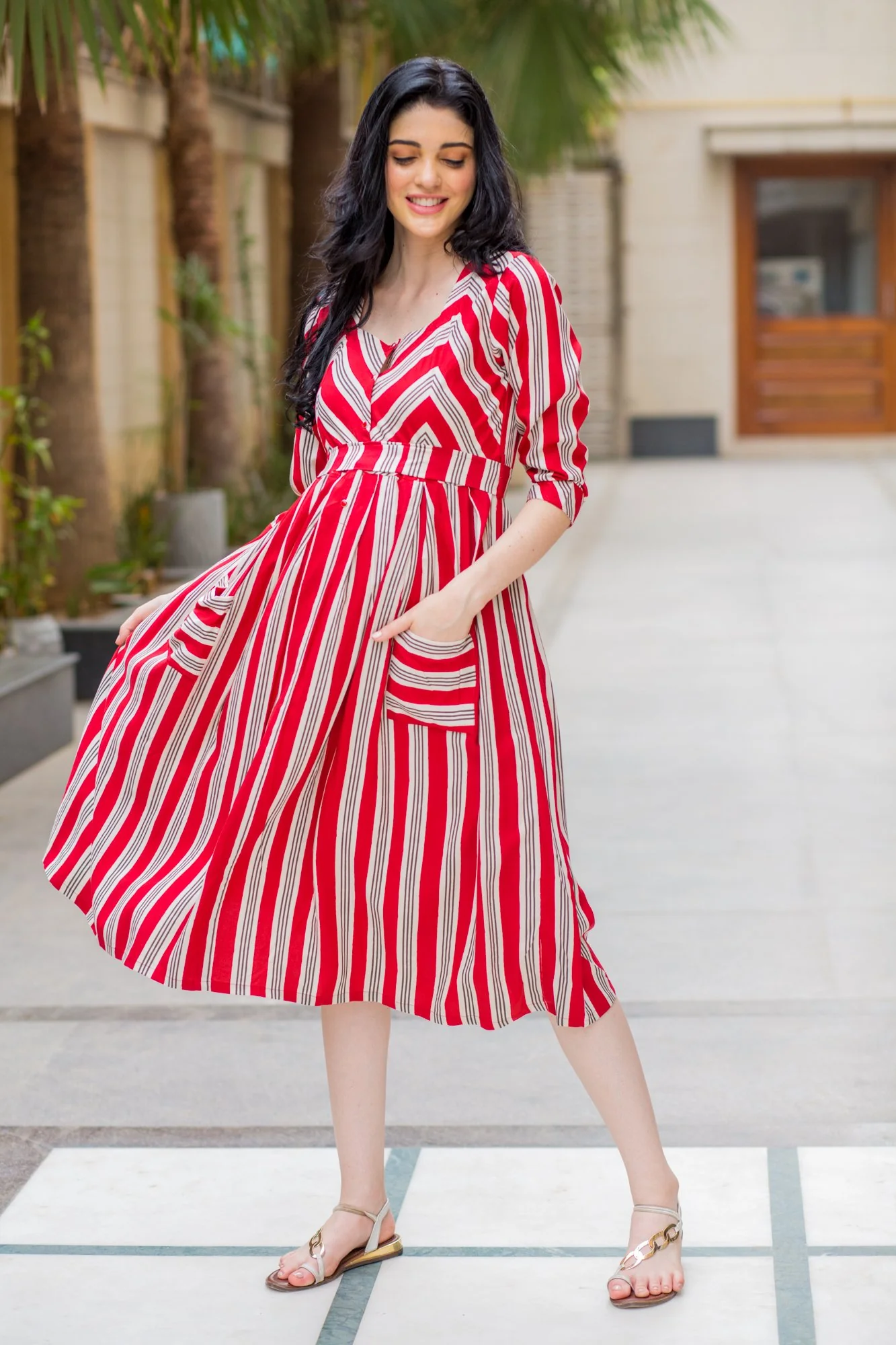 Unique Maroon Pocket Striped Maternity & Nursing Dress - Chenance