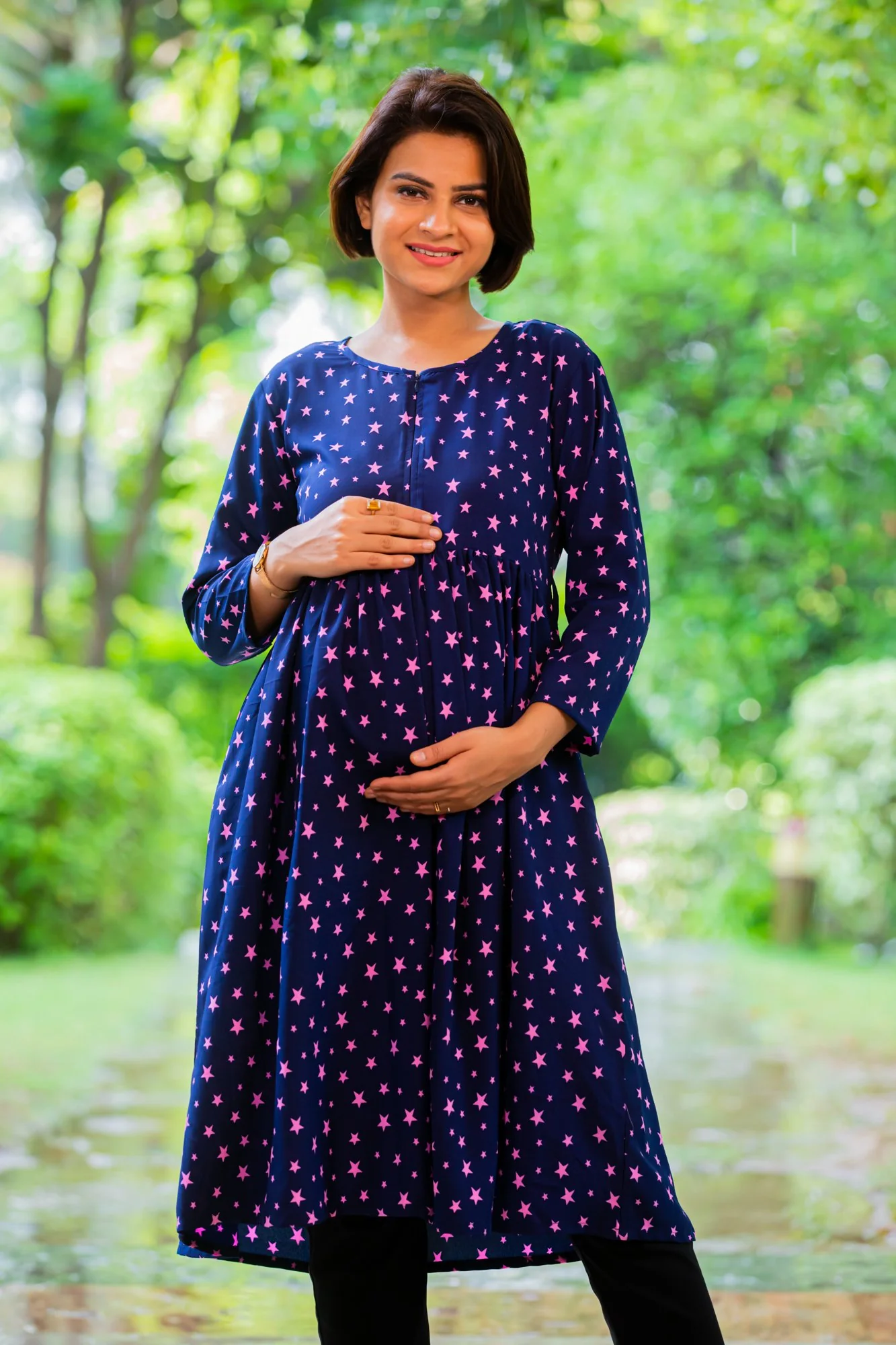 Starry Blue Maternity & Nursing Crepe Swing Dress - Chenance