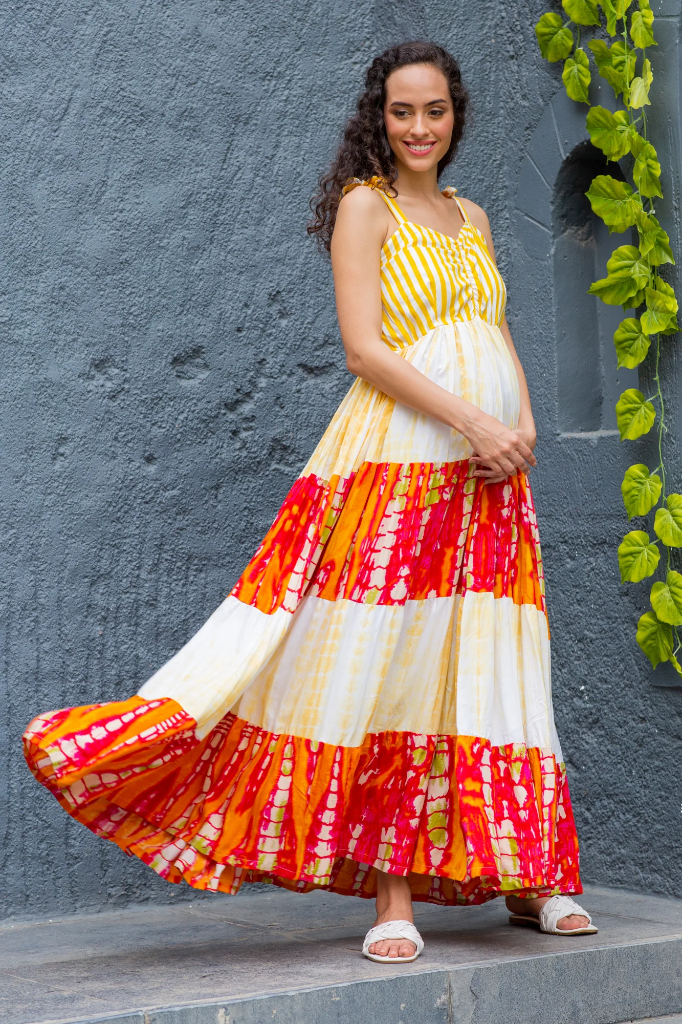 Serene Yellow Tie & Dye Flowy Maternity & Nursing Dress - Chenance