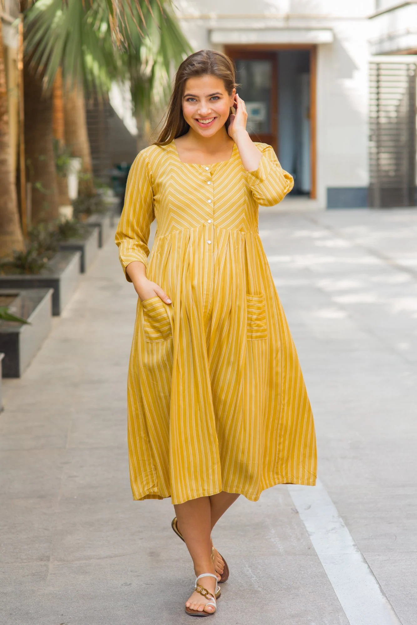Sunny Mustard Striped Pocket Maternity & Nursing Dress - Chenance