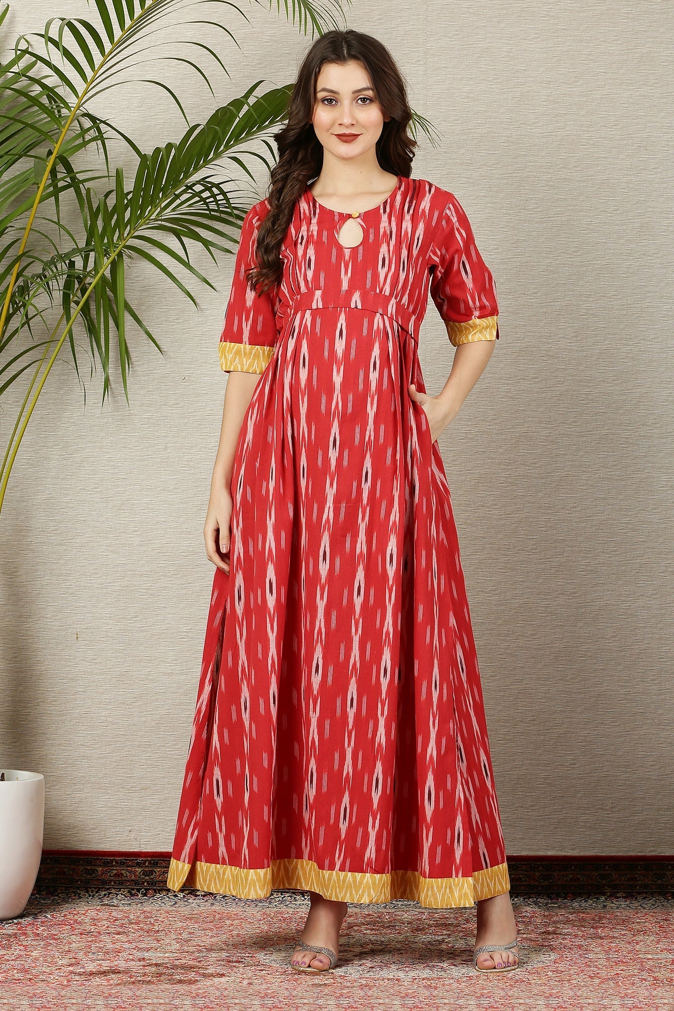 Pleasing Crimson Ikat Side Slit Long Maternity & Nursing Dress (100% Cotton) - Chenance
