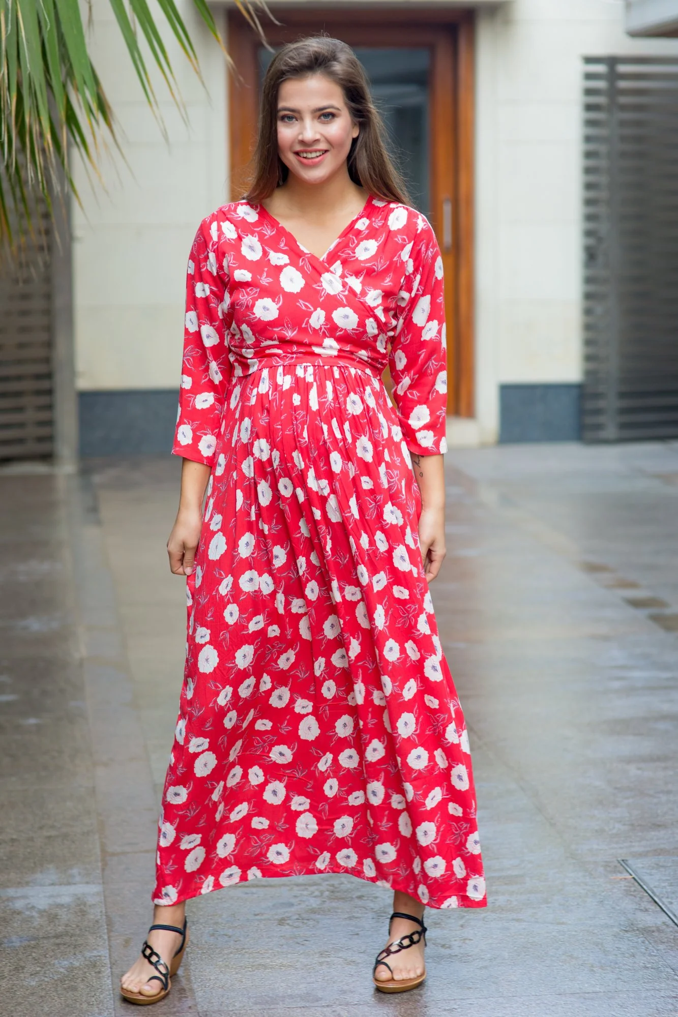 Red White Floral Maternity & Nursing Wrap Dress - Chenance