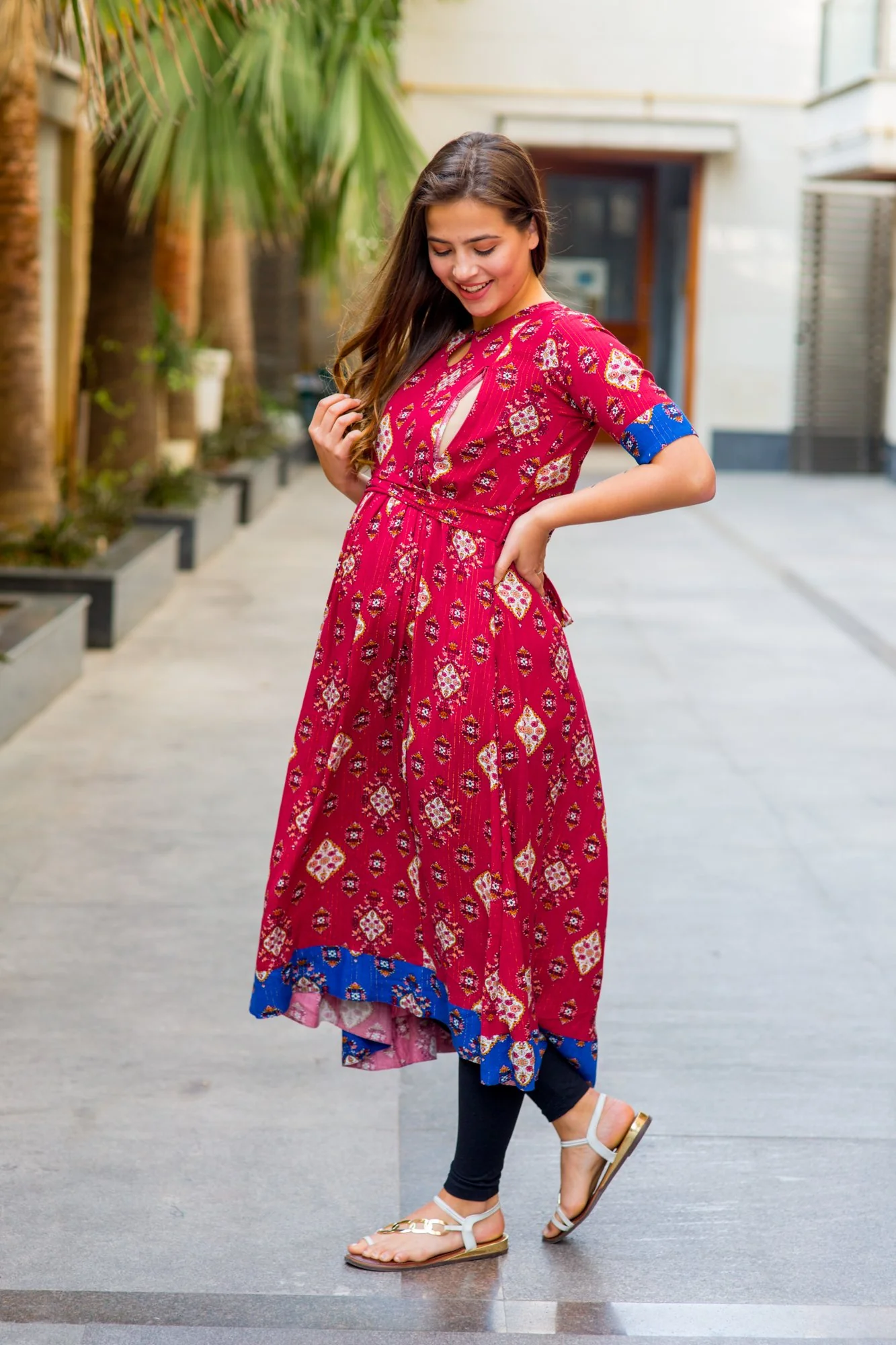 Festive Red Gold Threadwork Maternity & Nursing Concealed Zip Kurta - Chenance