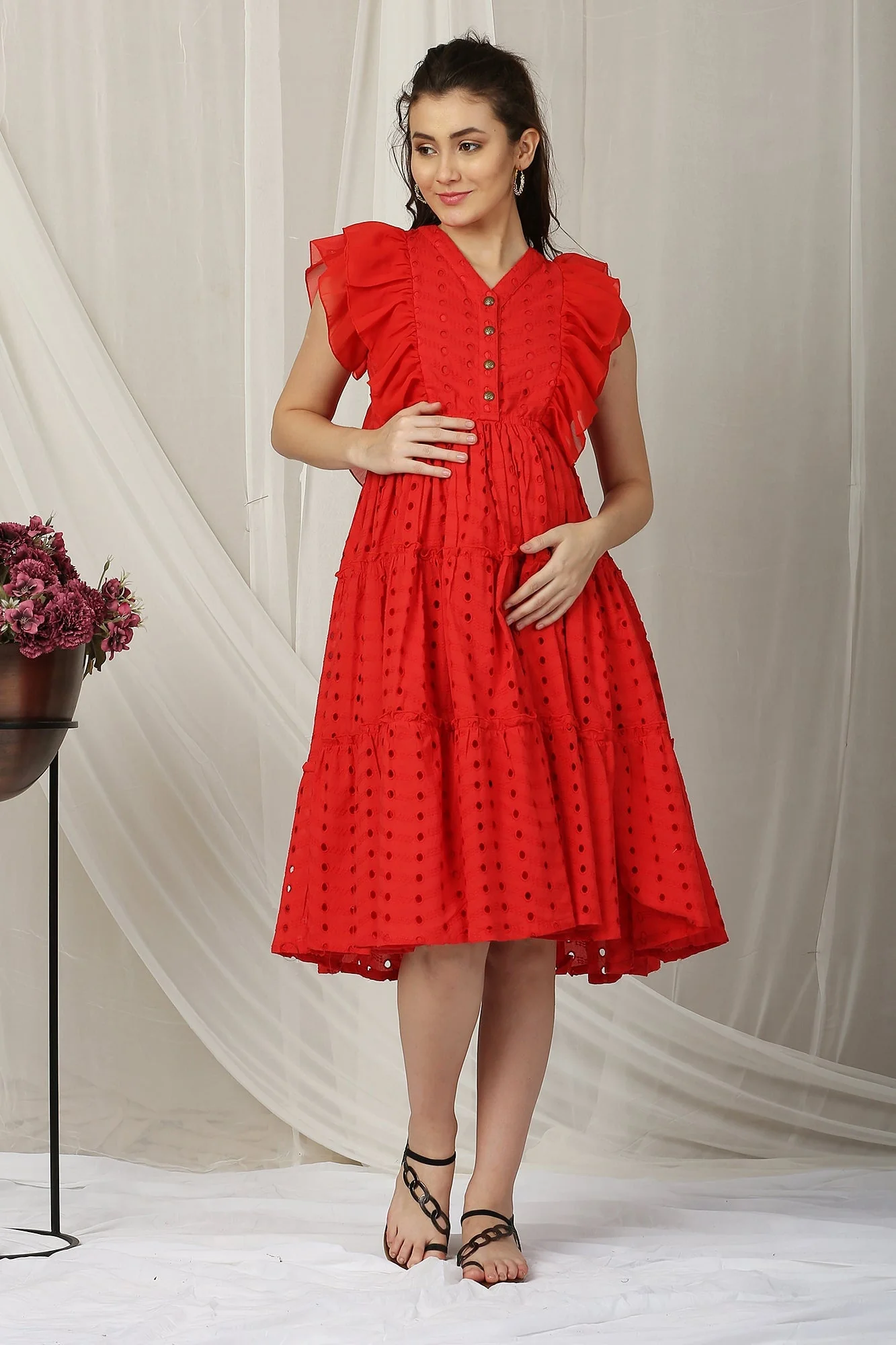 Retro Candy Red Maternity & Nursing Flowy Dress (100% Cotton) - Chenance