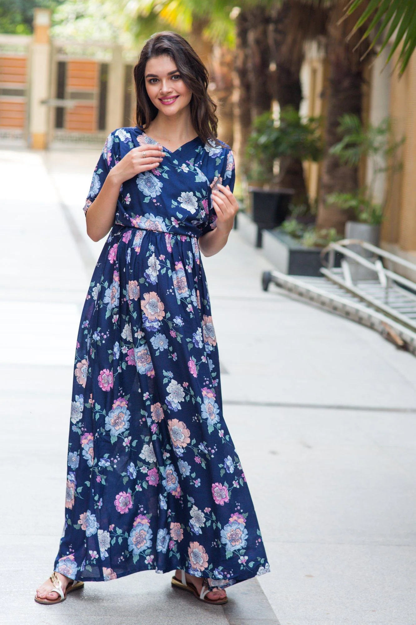 Navy Floral Maternity & Nursing Wrap Dress - Chenance