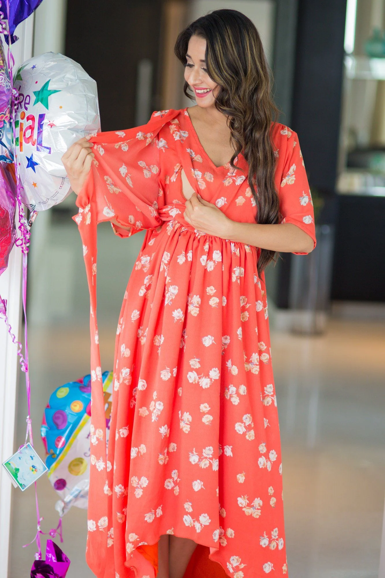 Tangerine Blossom Hi-Low Maternity & Nursing Wrap Dress - Chenance