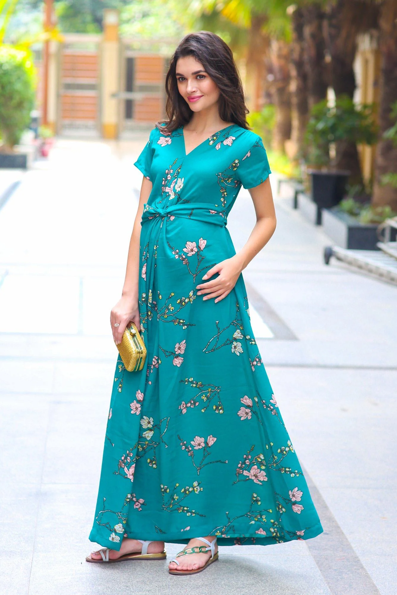 Exquisite Emerald Floral Front Knot Maternity Dress - Chenance