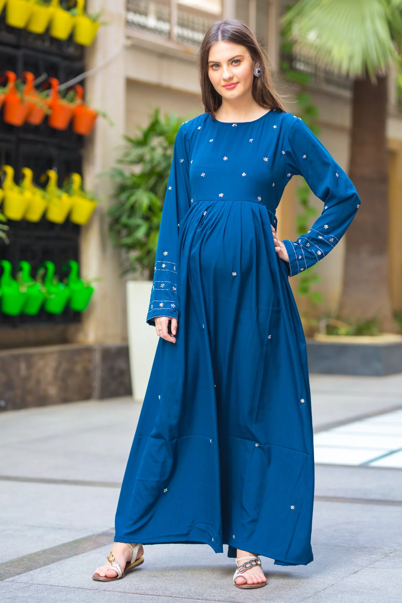Premium Cobalt Blue Hand Embroidered  Maternity Dress - Chenance