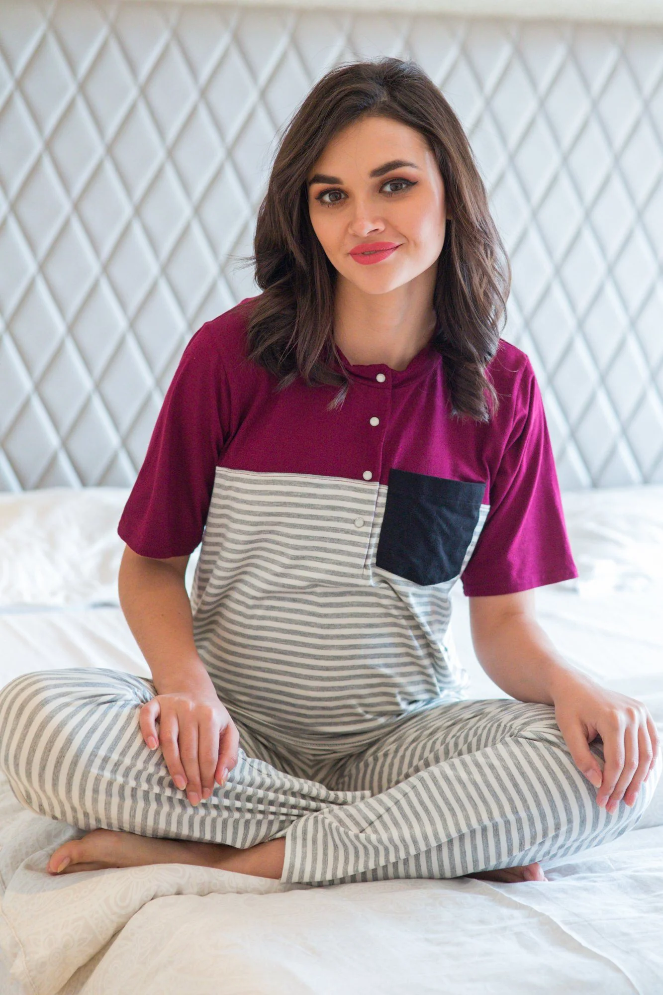 Set of Two - Burgundy Striped Lounge Maternity & Nursing Pyjamas Set - Chenance