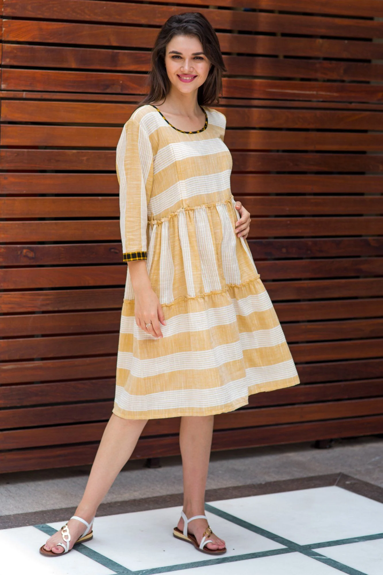 Cotton Tan Yellow Stripe Maternity & Nursing Dress - Chenance