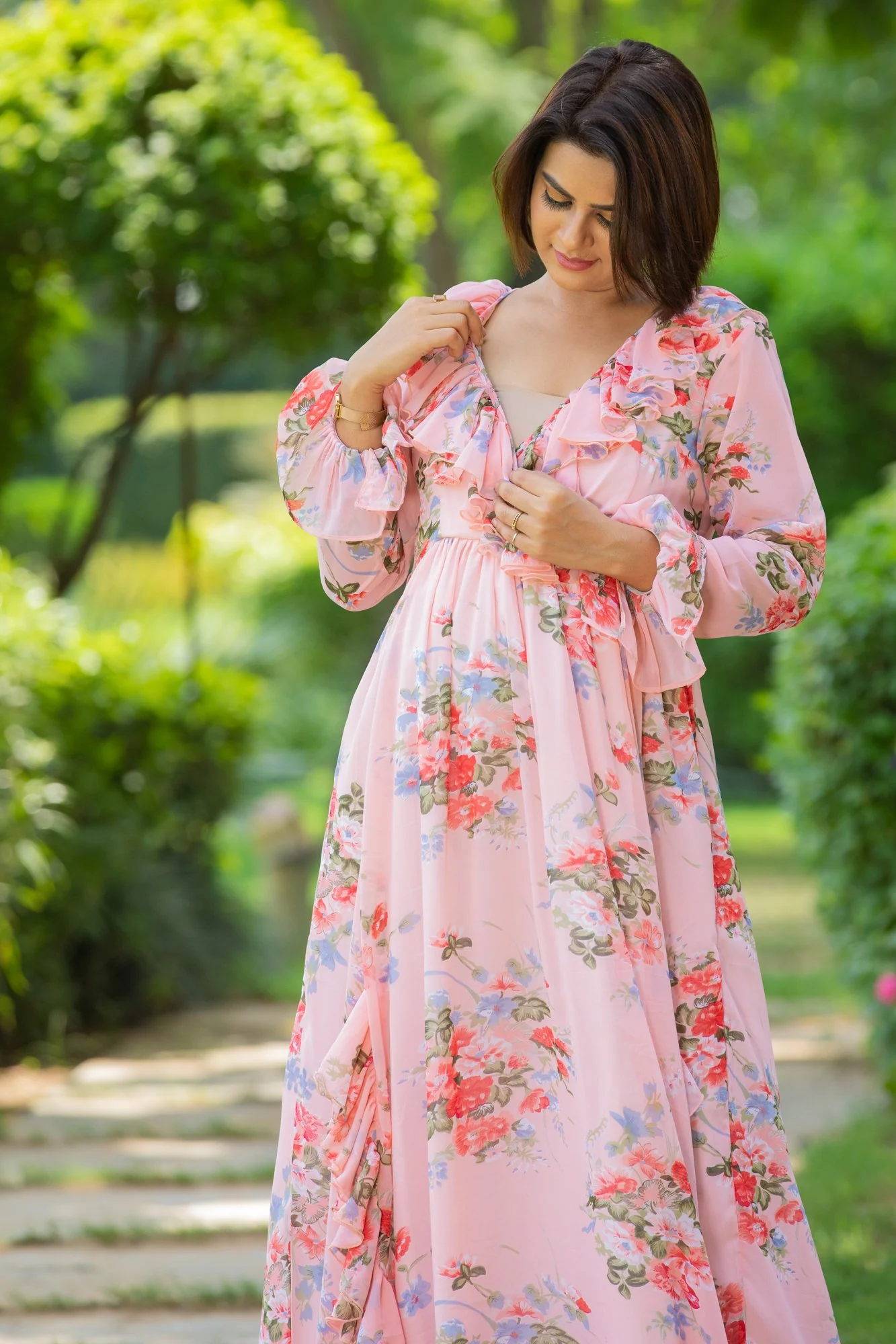 Rose Pink Maternity & Nursing Frill Dress - Chenance