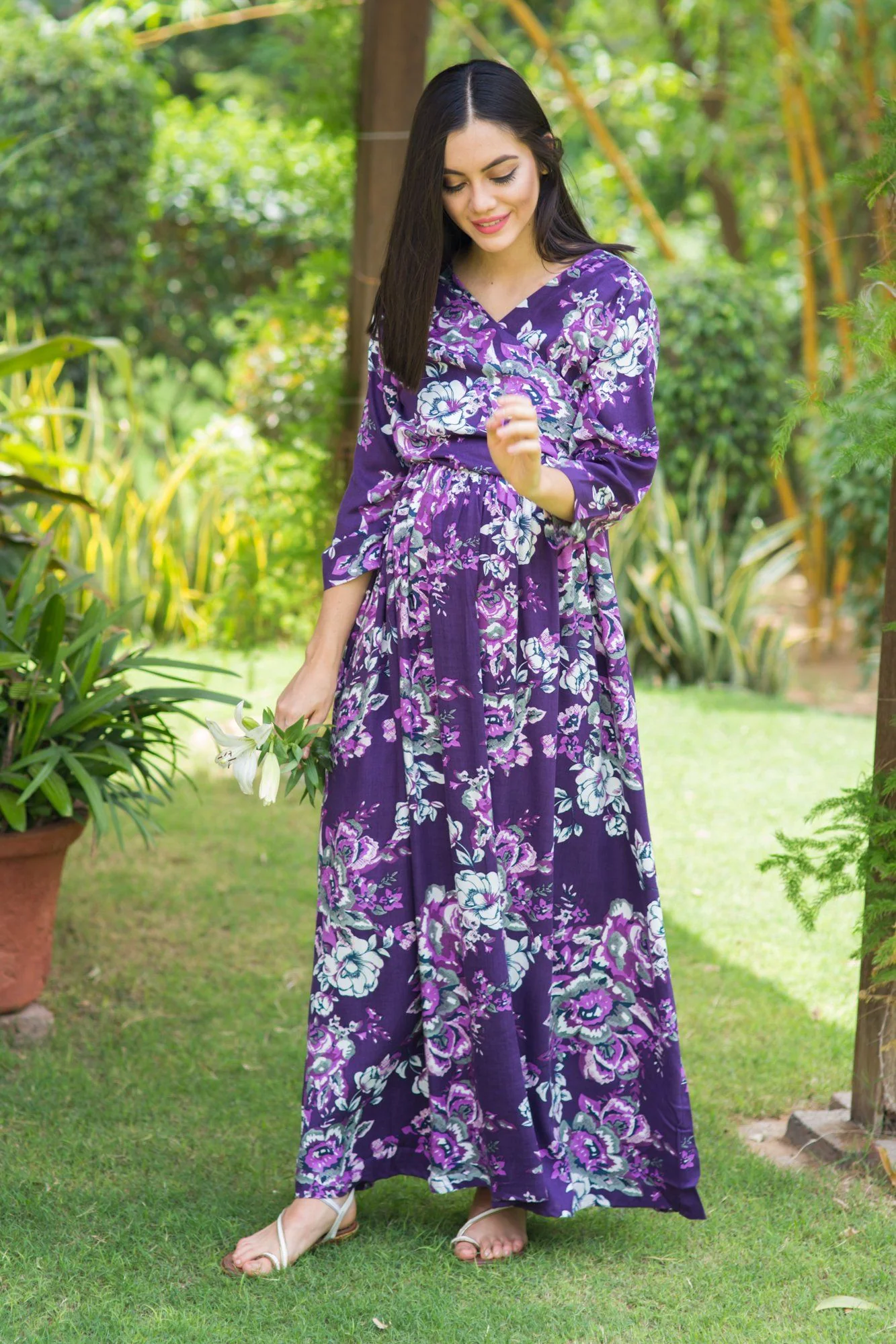 Lilac Floral Cotton Nursing Wrap Dress - Chenance