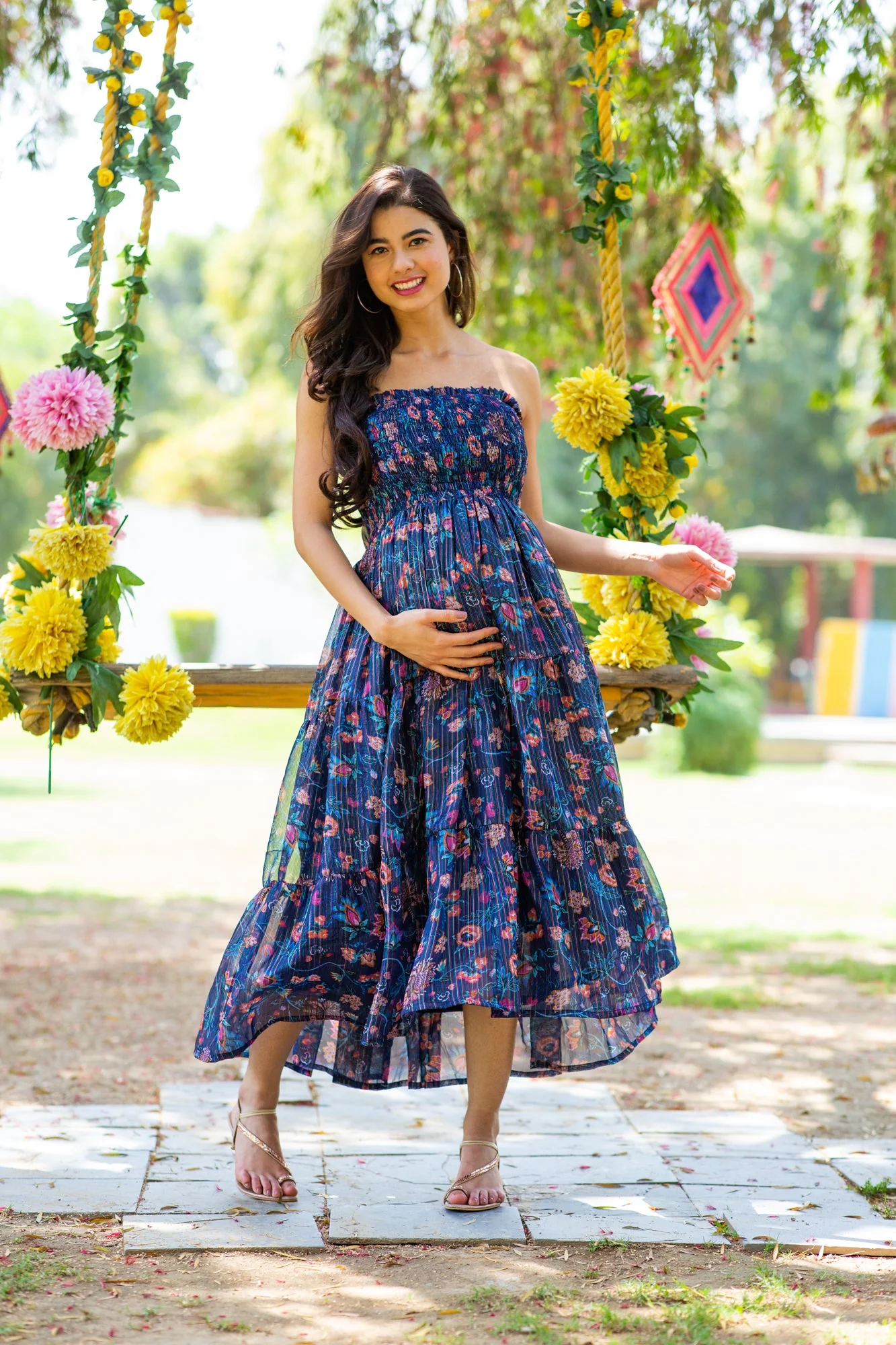 Midnight Chiffon Floral Maternity Off-Shoulder Frill Dress - Chenance