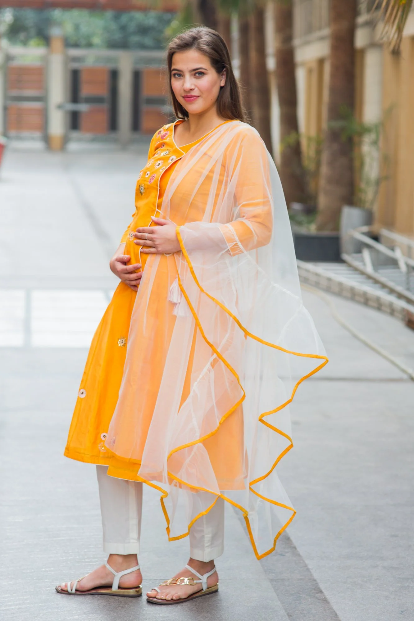 Premium Orange Chanderi Silk Flower Gold Zari Maternity Suit Set (3 pc) - Chenance