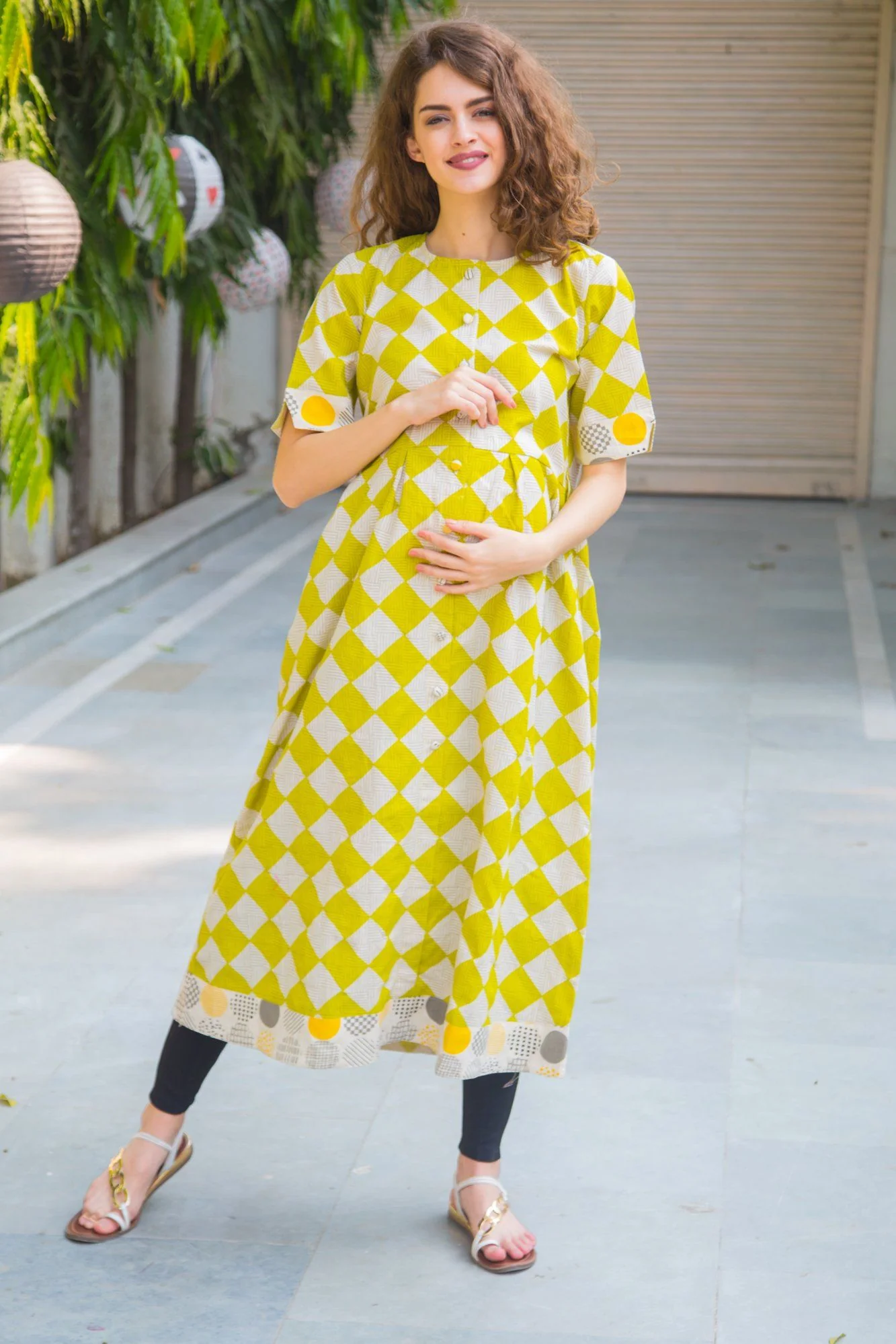 Cotton Lime Patterned Longline Maternity & Nursing Kurta - Chenance