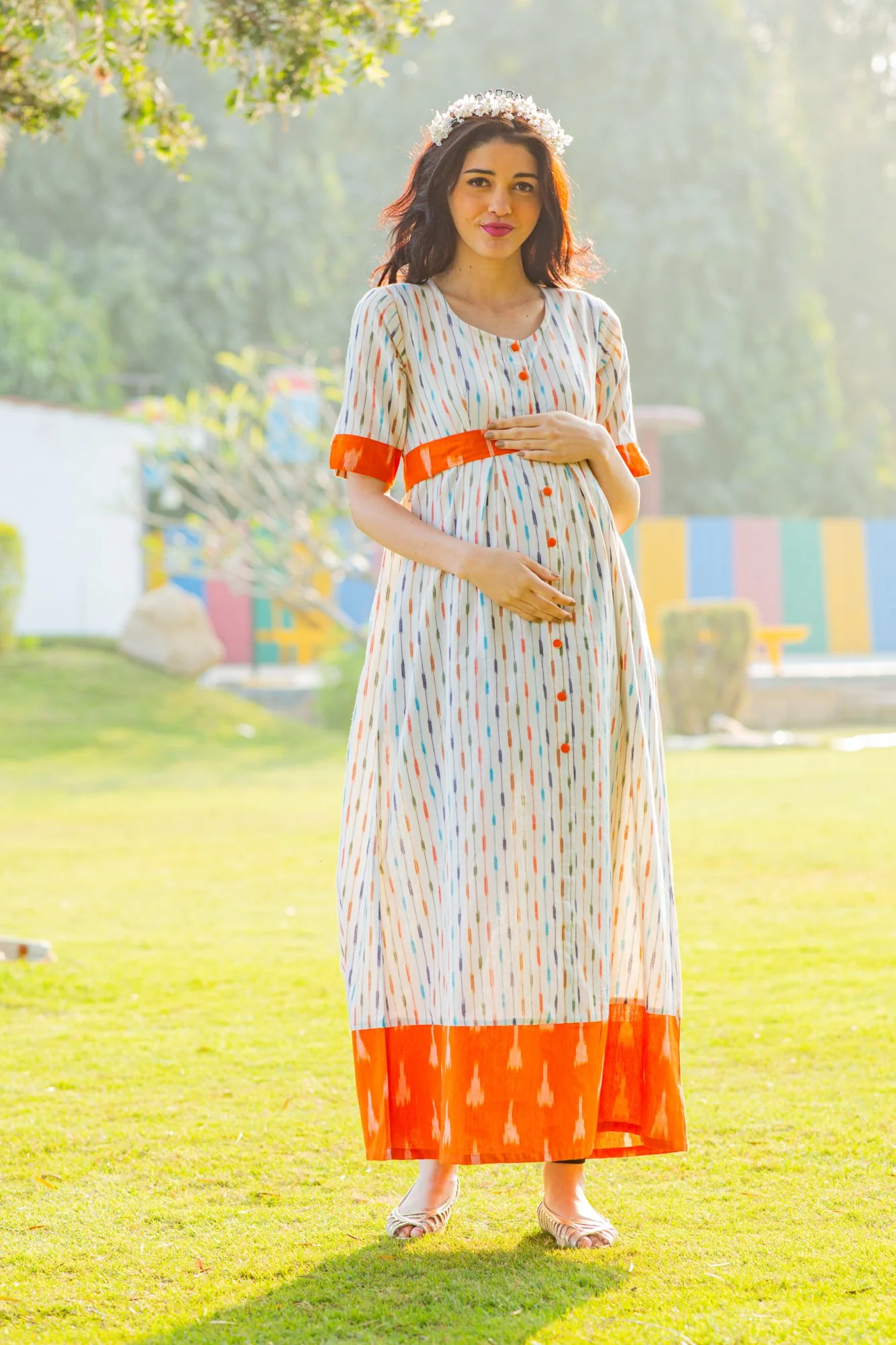Pristine White Ikat Maternity and Nursing Kurta Dress - Chenance