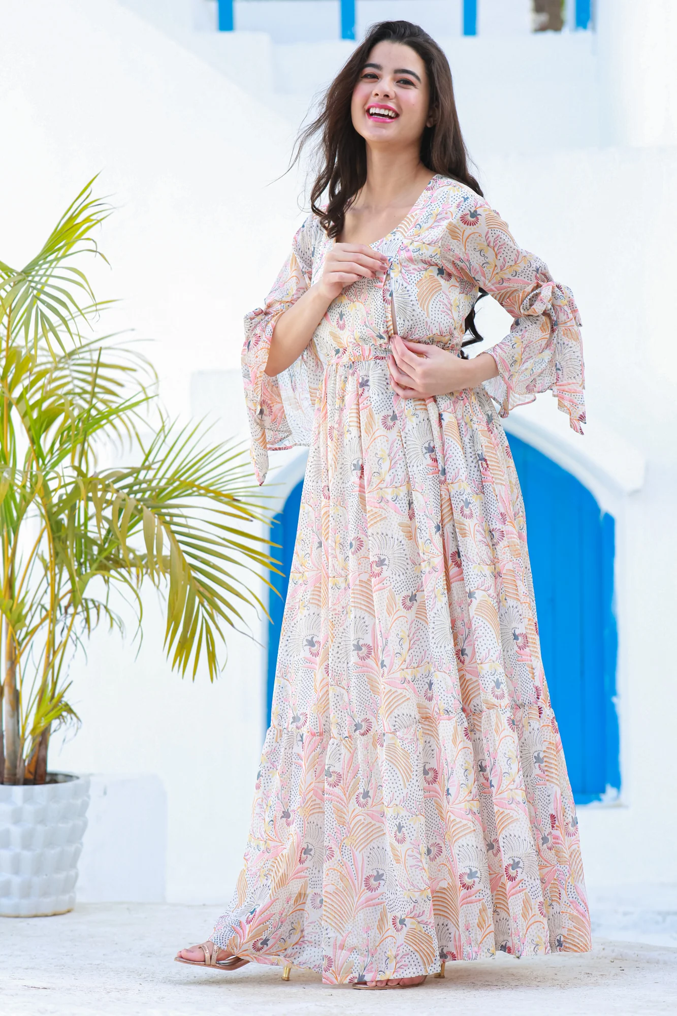 Tropical Cream Maternity & Nursing Frill Dress - Chenance