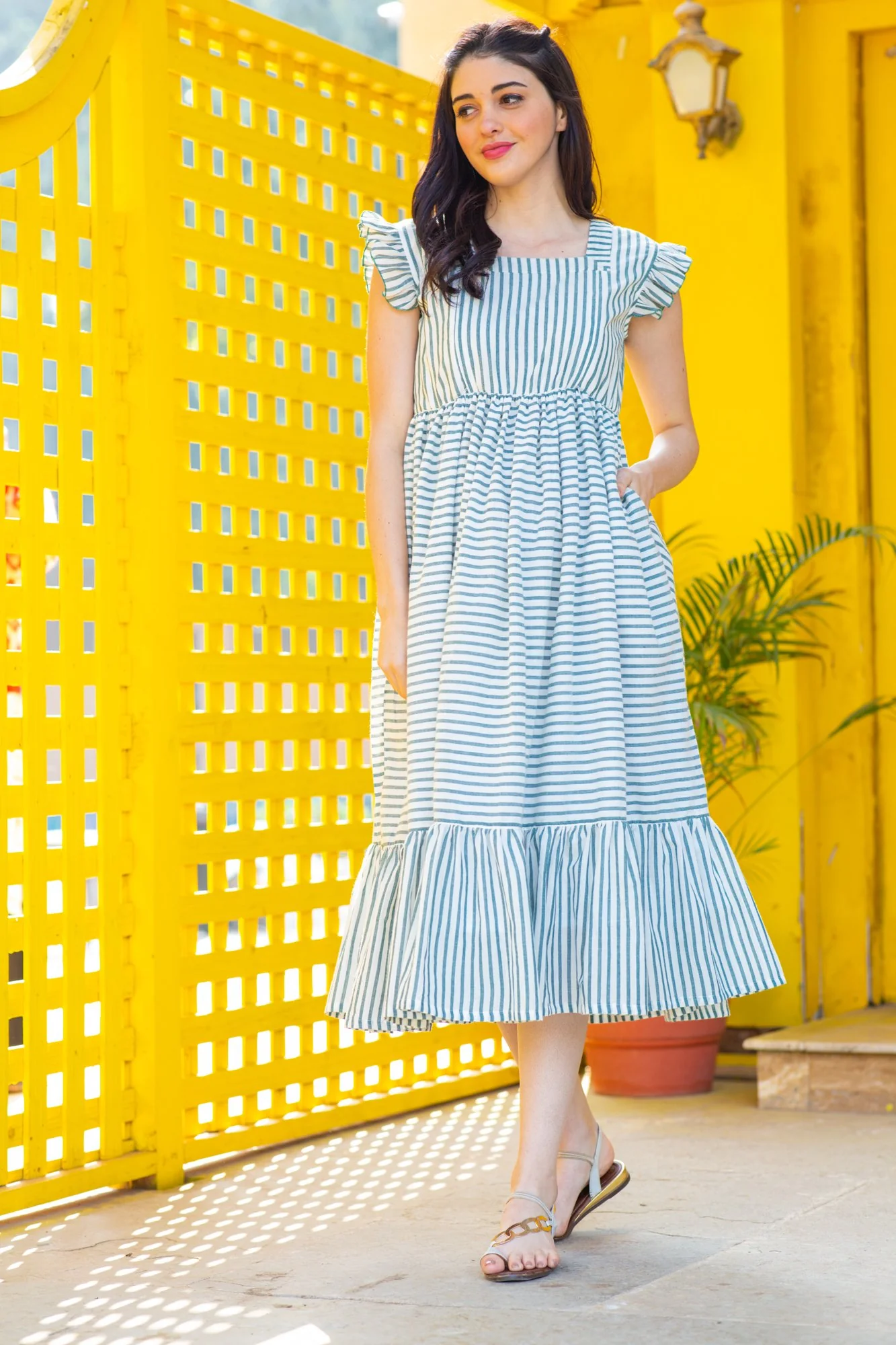 Sage Striped Maternity & Nursing Frill Dress - Chenance