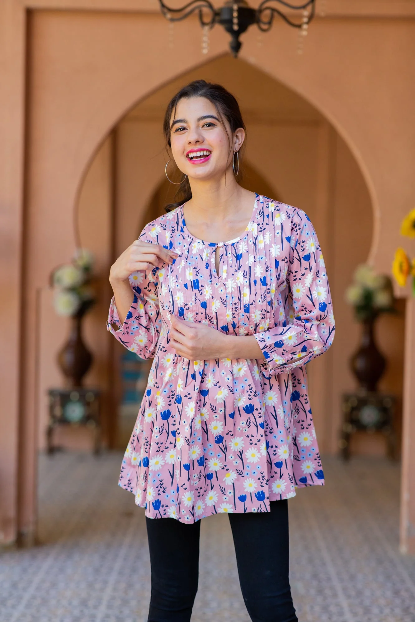 Daisy Sand Pink Pintucks Maternity & Nursing Top - Chenance