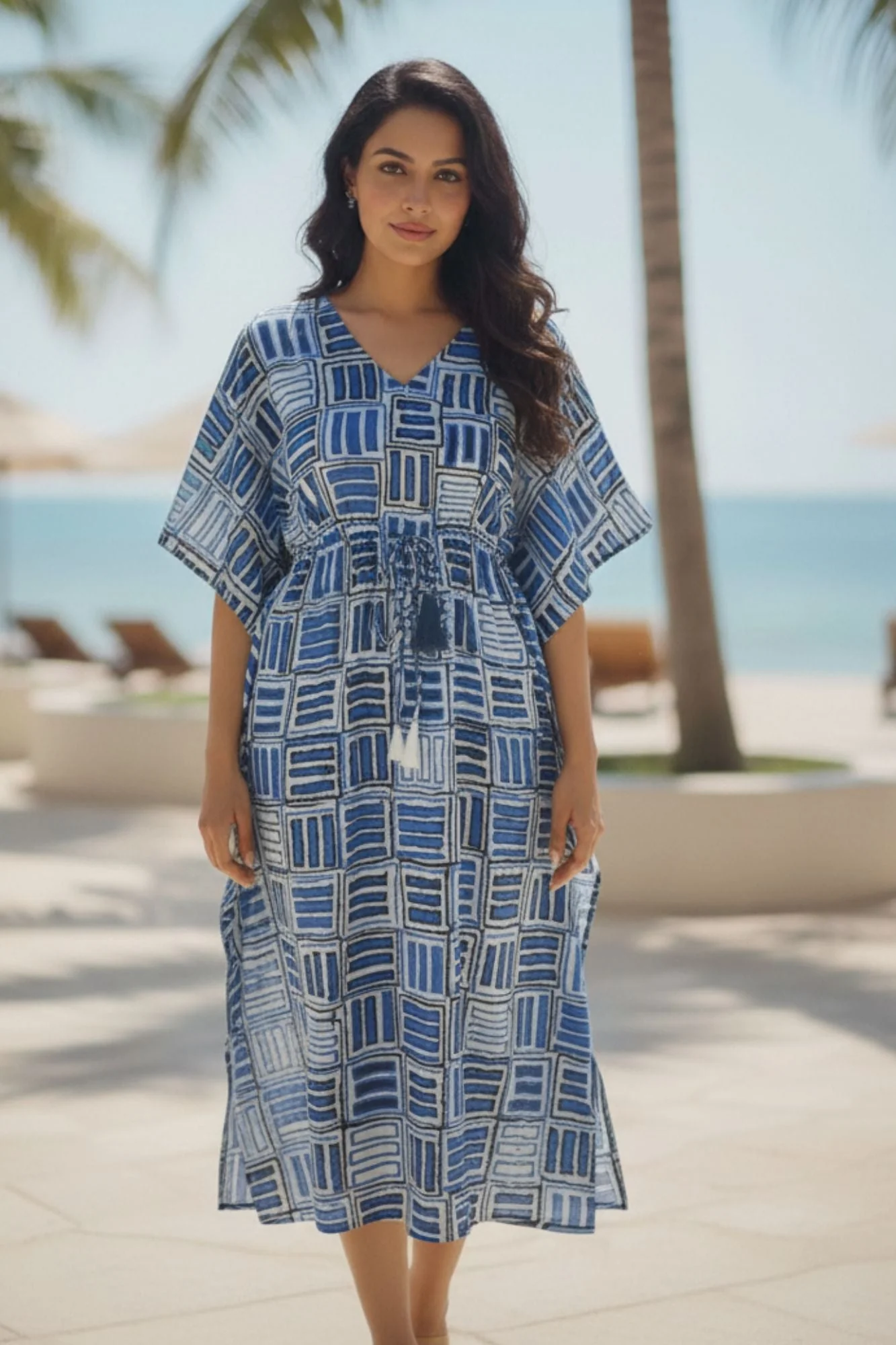 Blue Abstract Maternity & Nursing Kaftan (100% Cotton) - Chenance