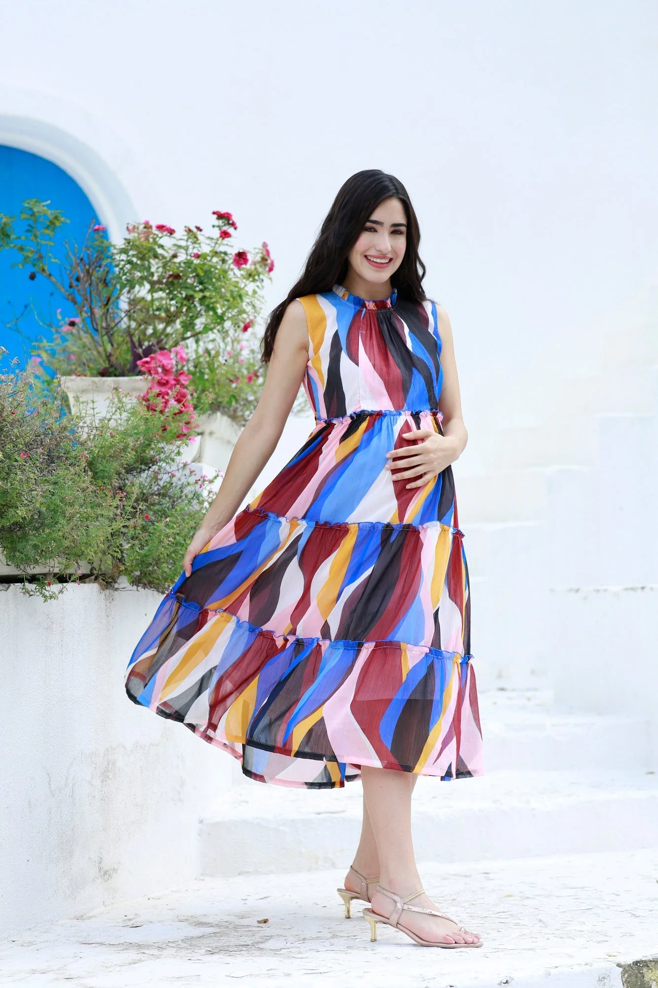 Vintage Colorful Maternity & Nursing Concealed Zips Frill Dress - Chenance