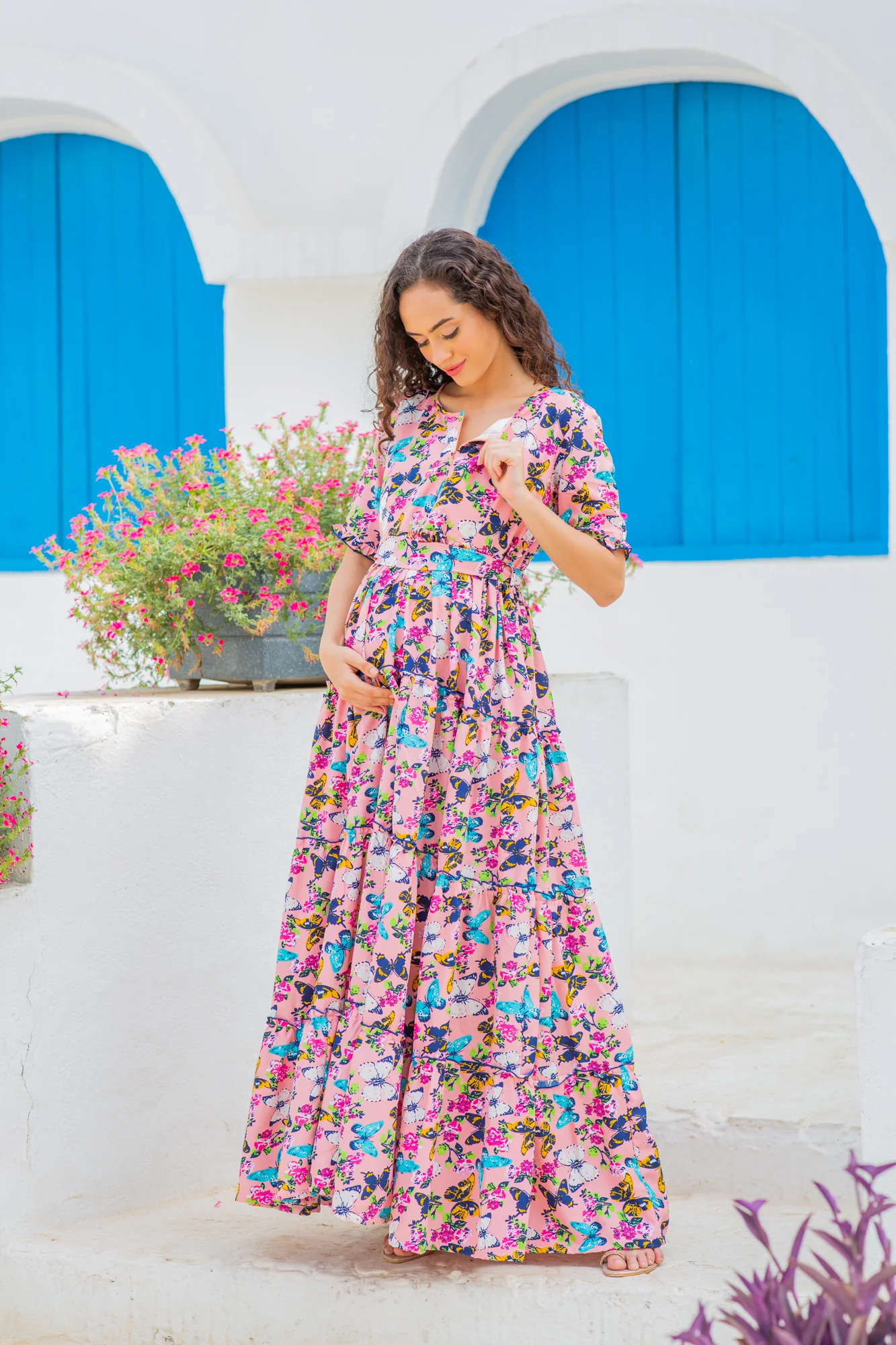 Jolly Butterflying Pink Multilayer Frill Single Concealed Zip Maternity & Nursing Dress - Chenance