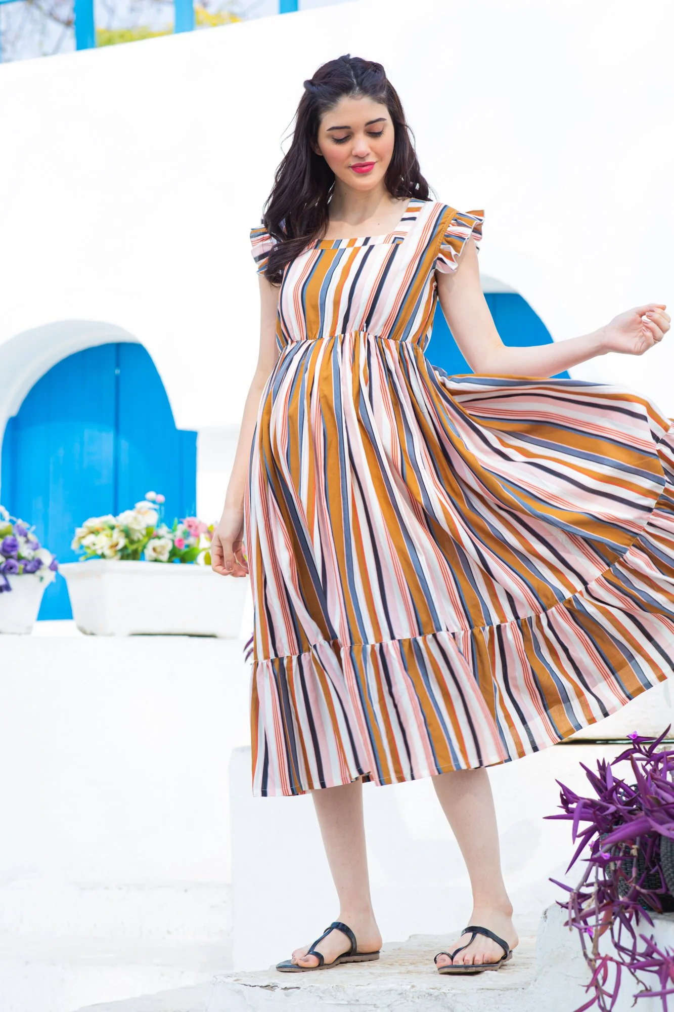 Multi Striped Maternity & Nursing Frill Sleeve Dress - Chenance