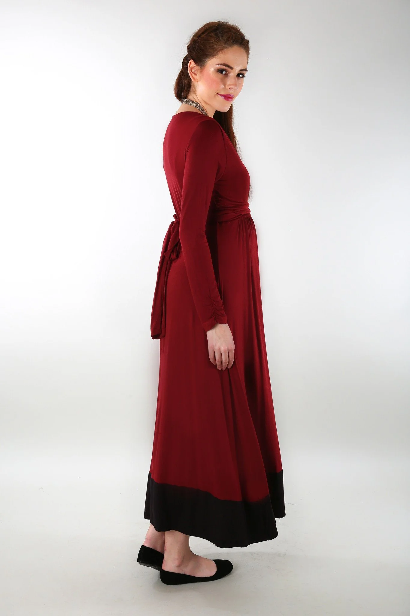 Elegant Wine Front Wrap Maternity Dress - Chenance