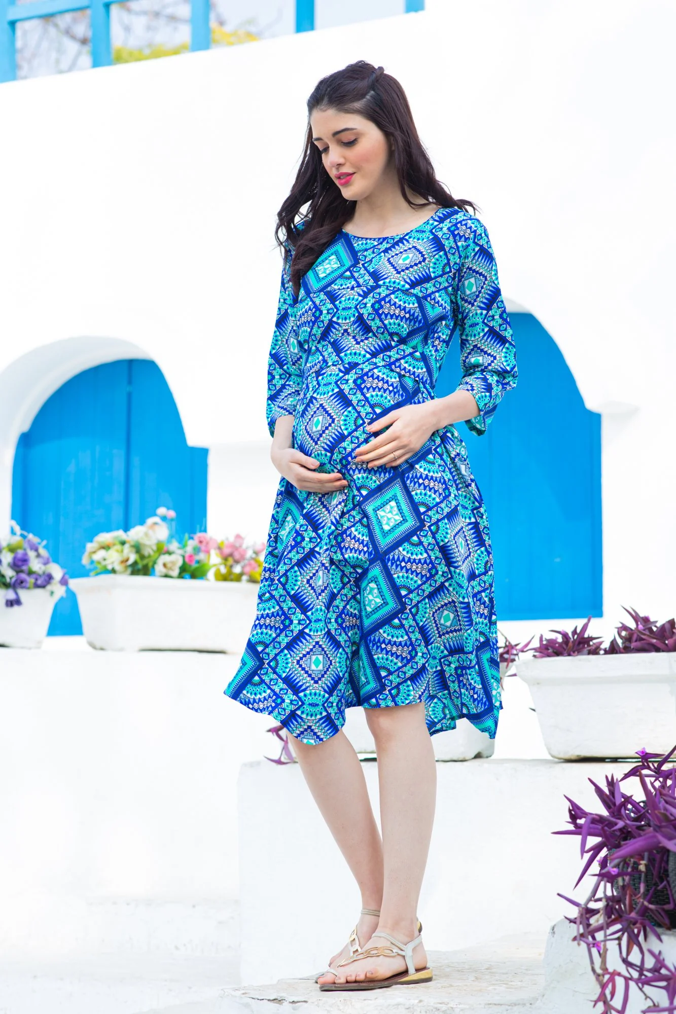 Turquoise Maternity & Nursing Horizontal Zip Dress - Chenance