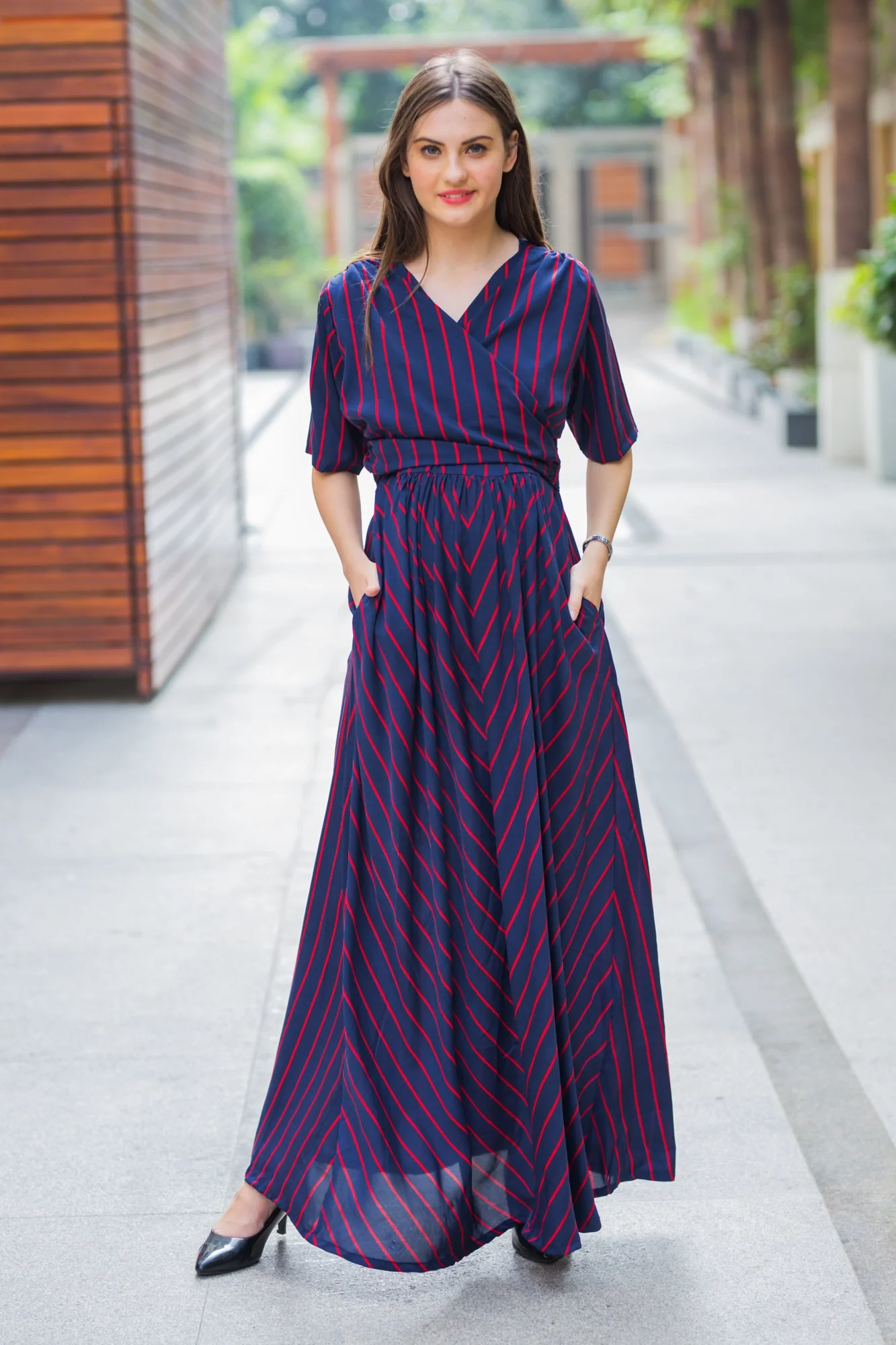 Era Navy Striped Maternity & Nursing Wrap Dress - Chenance