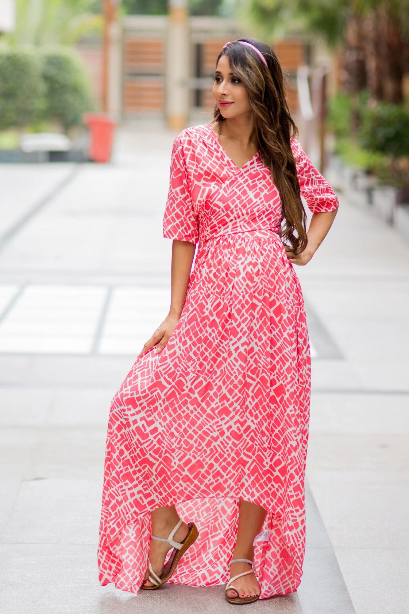 Flamingo Pink Hi-Low Maternity & Nursing Wrap Dress - Chenance