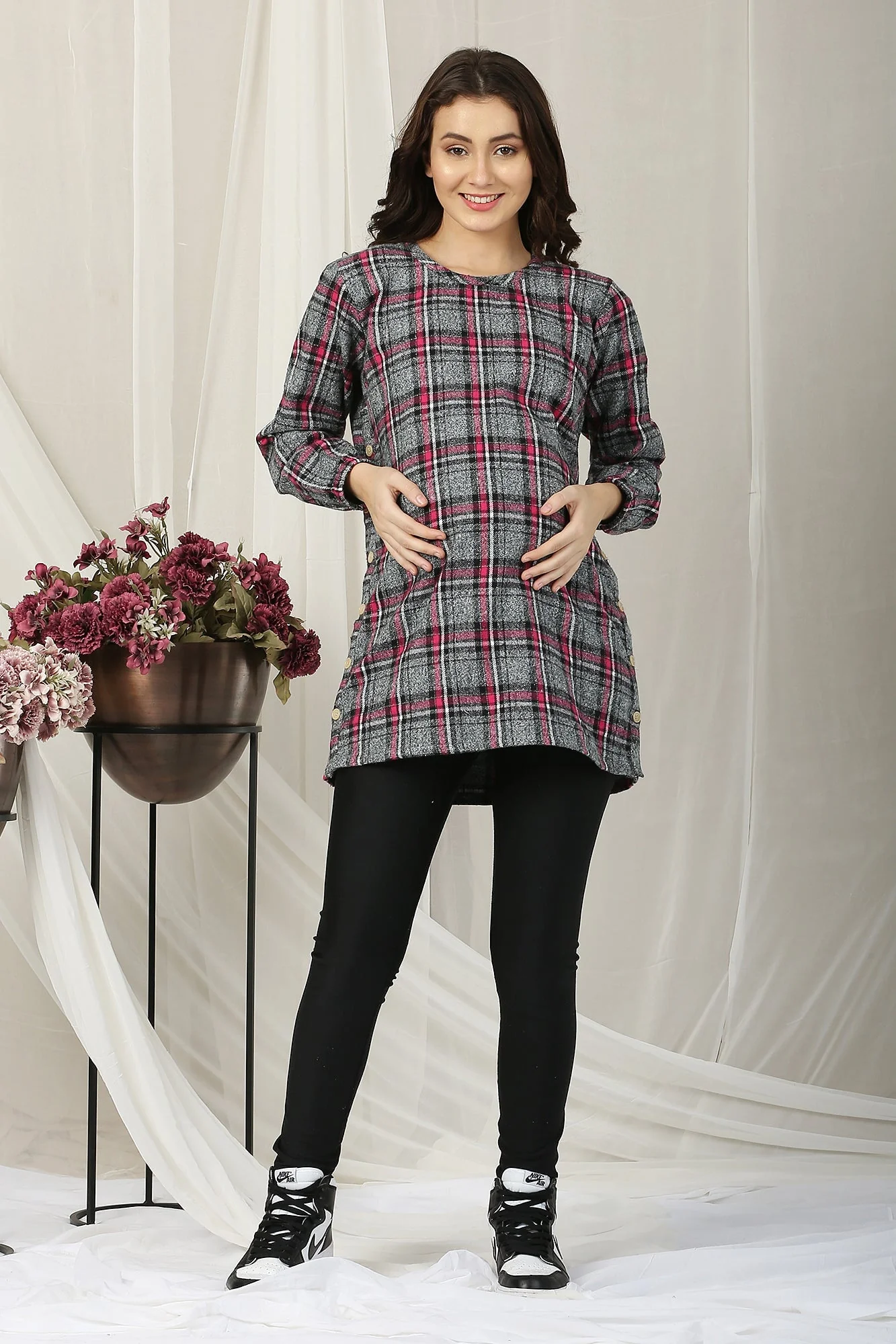 Vintage Grey Tartan Check Maternity & Nursing Wool Top - Chenance