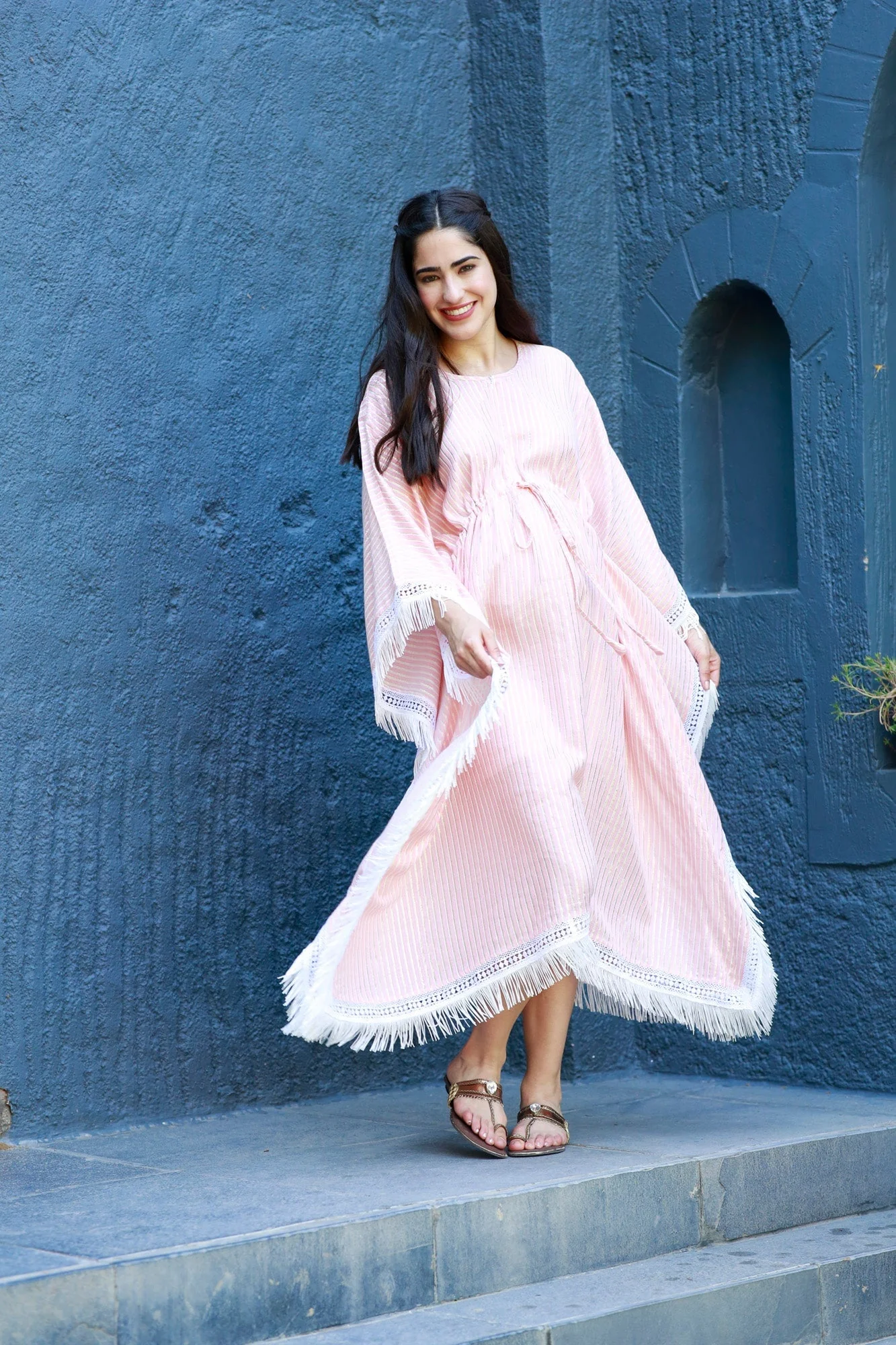 Luxe Coral Shimmer Striped Maternity & Nursing Kaftan - Chenance