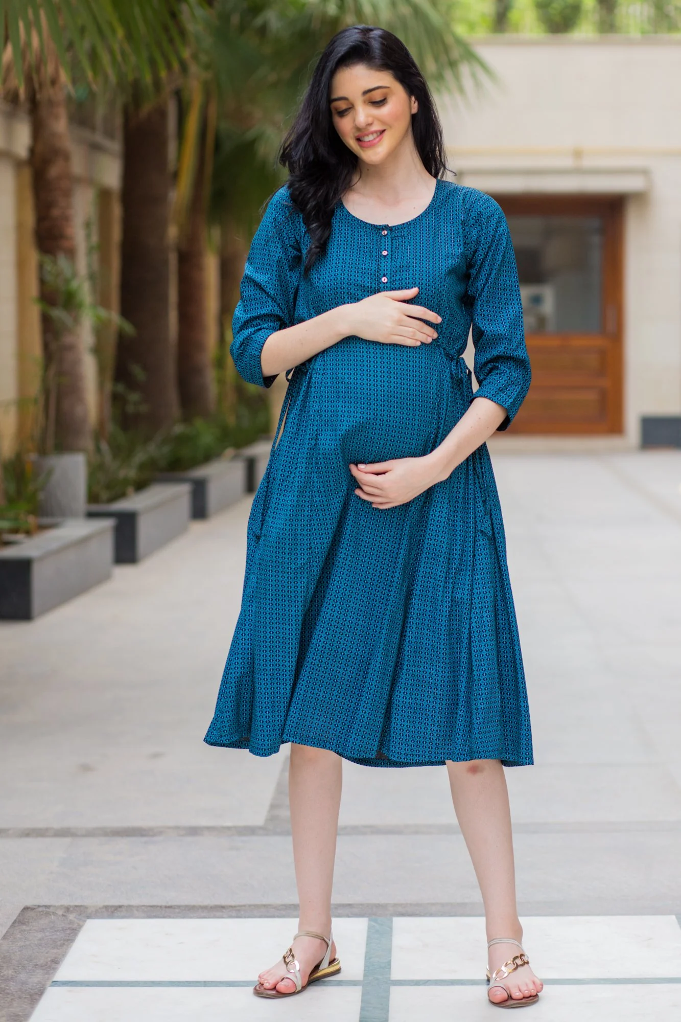 Teal Patterned Maternity & Nursing Kurta Dress - Chenance