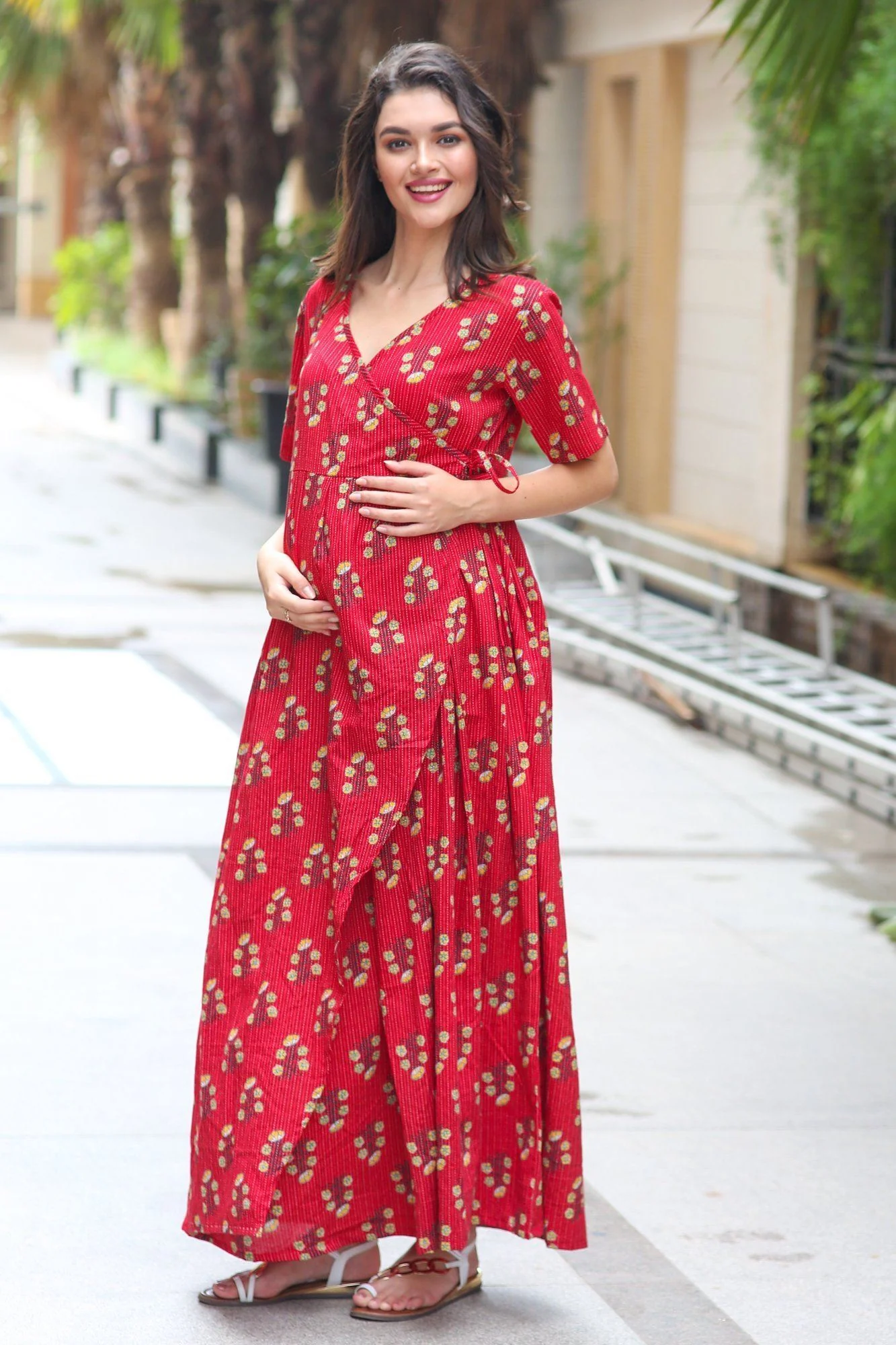 Cotton Raspberry Red Maternity & Nursing Wrap Dress - Chenance