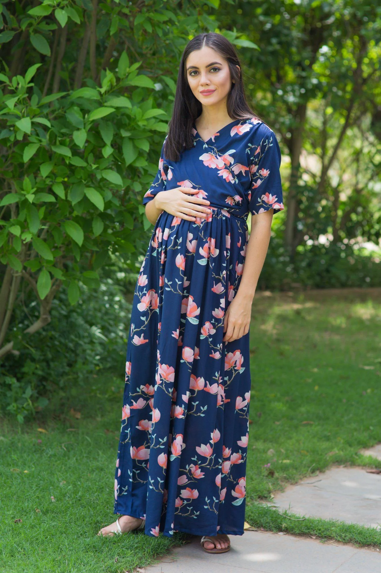 Serene Navy Blossom Maternity & Nursing Wrap Dress - Chenance