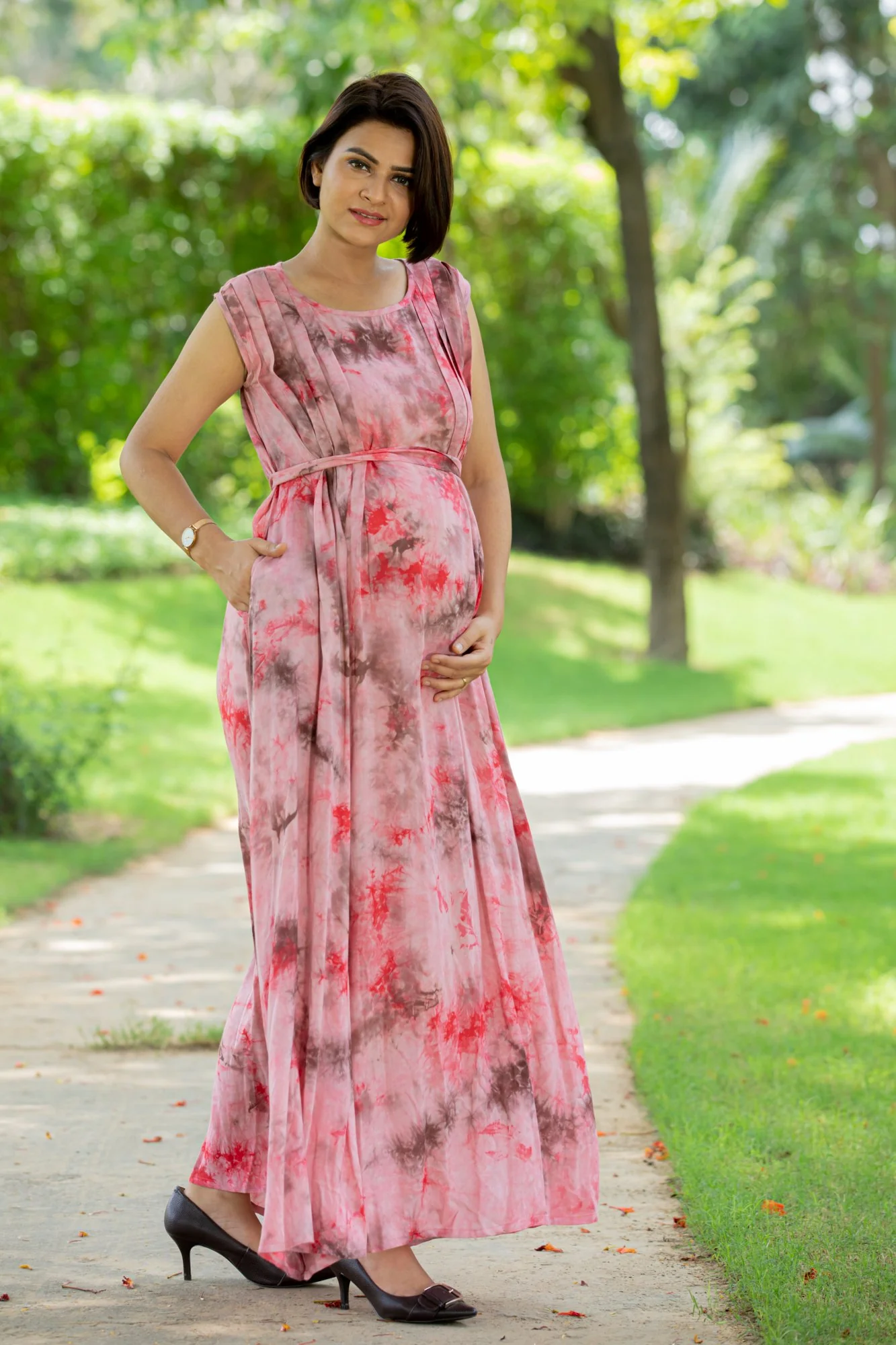 Rustic Pink Pintucks Concealed Zips Dress - Chenance