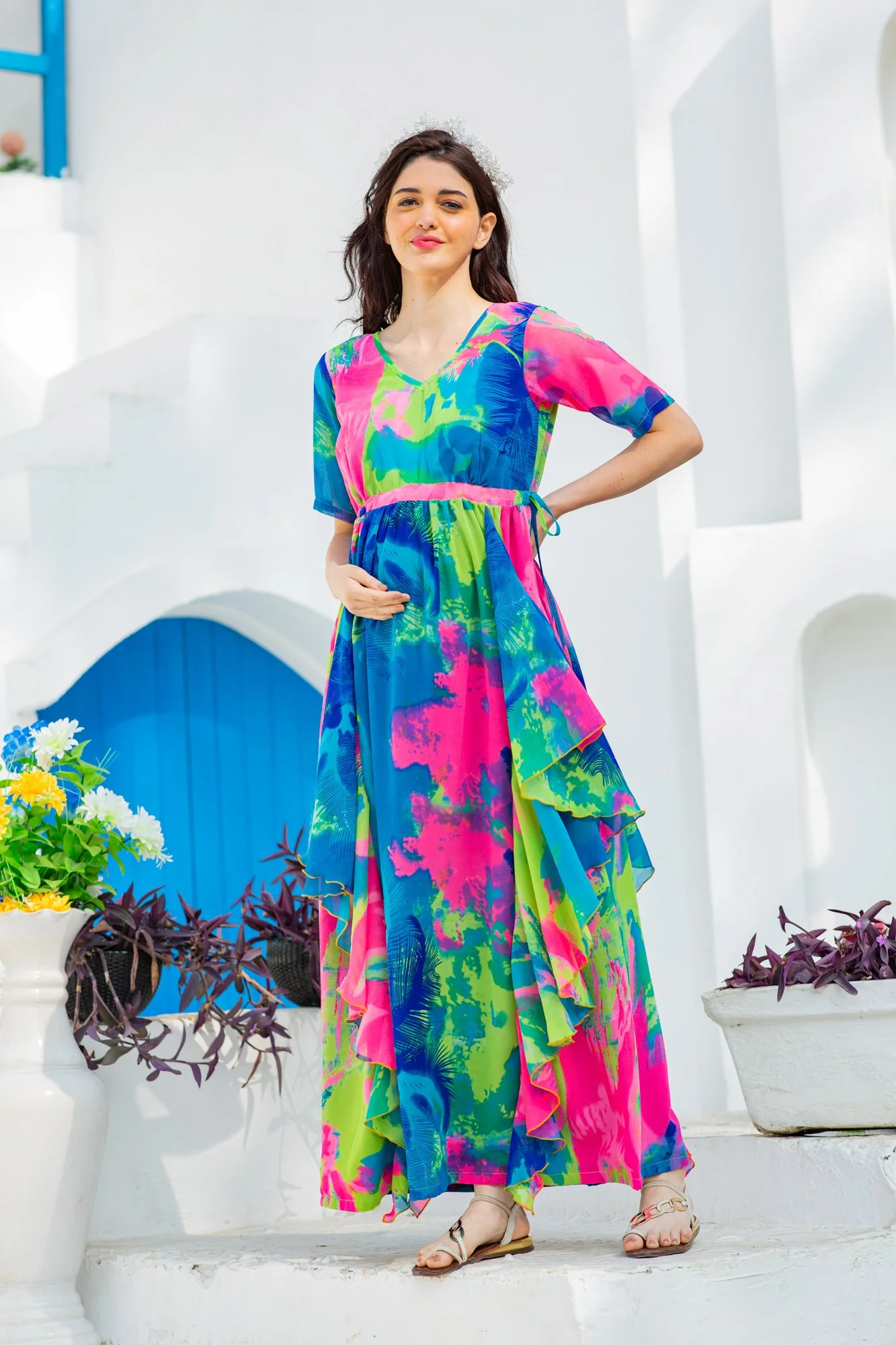 Vibrant Rainbow Maternity Flow Dress - Chenance