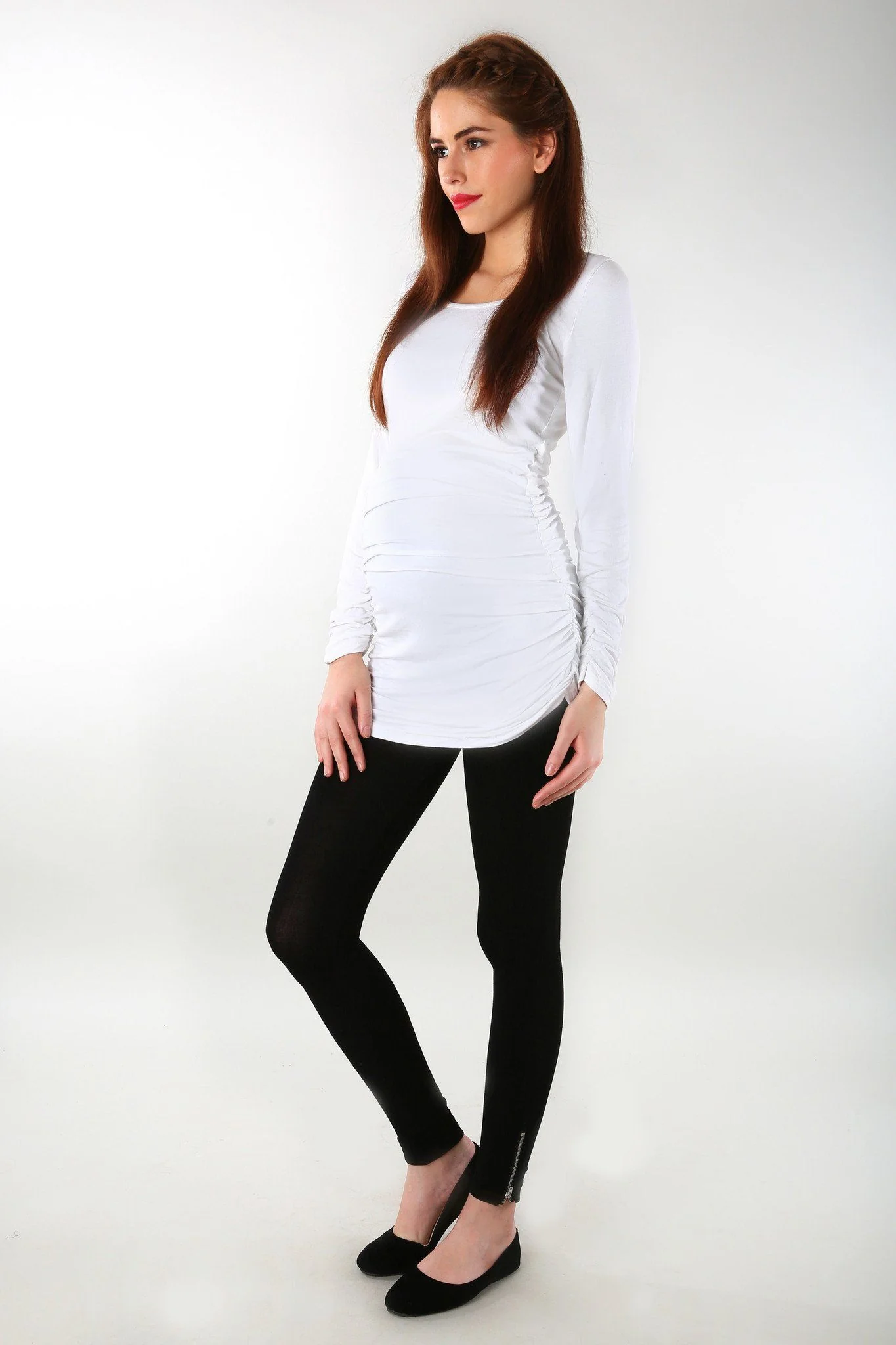 Long Sleeve Gathered Ivory Maternity Top - Chenance