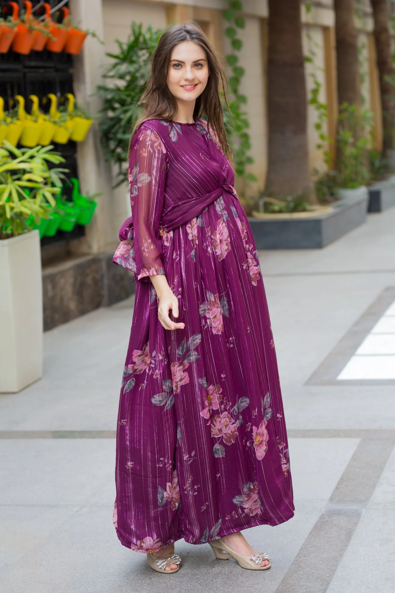 Shimmer Embossed Plum Maternity Knot Dress - Chenance