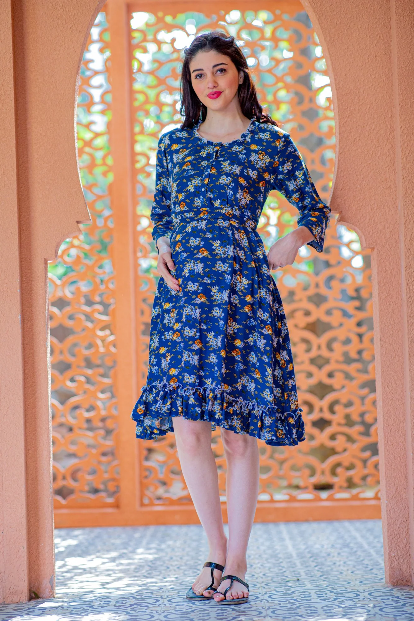 Navy Garden Maternity & Nursing Night Dress - Chenance