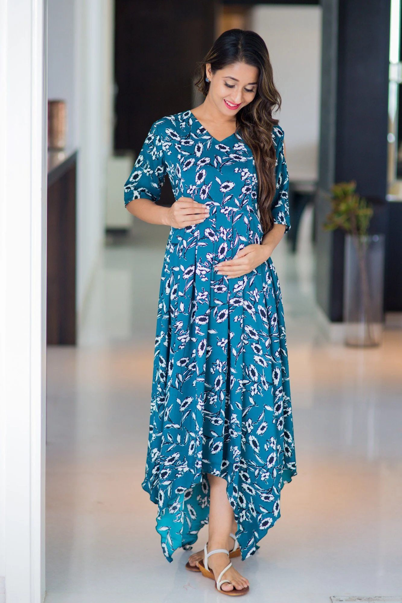 Deep Green Petal Cold Shoulder Maternity & Nursing Dress - Chenance