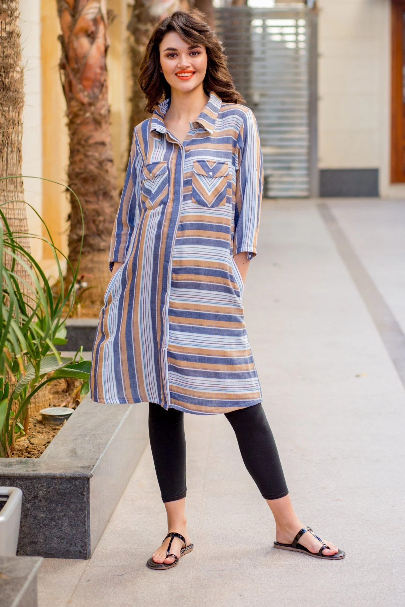 Viscose Striped Versatile Maternity & Nursing Shirt Dress - Chenance