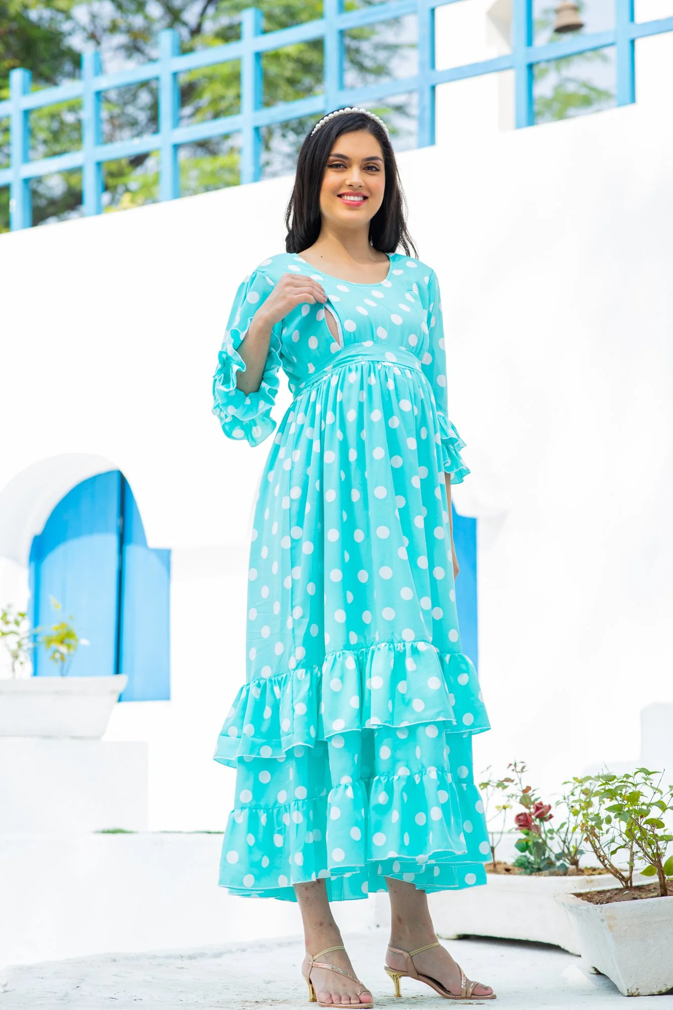 Classic Turquoise Polka Maternity & Nursing Frill Dress - Chenance