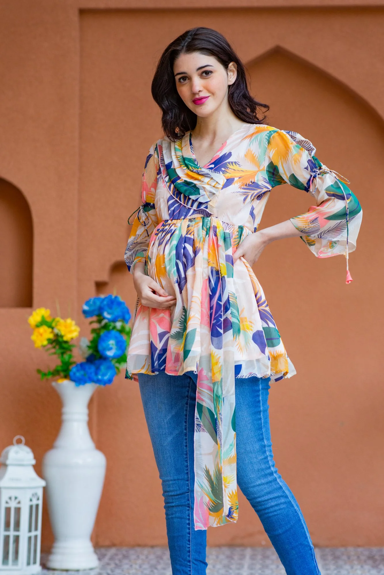 Offwhite Bloom Chiffon Gathered Maternity Top - Chenance