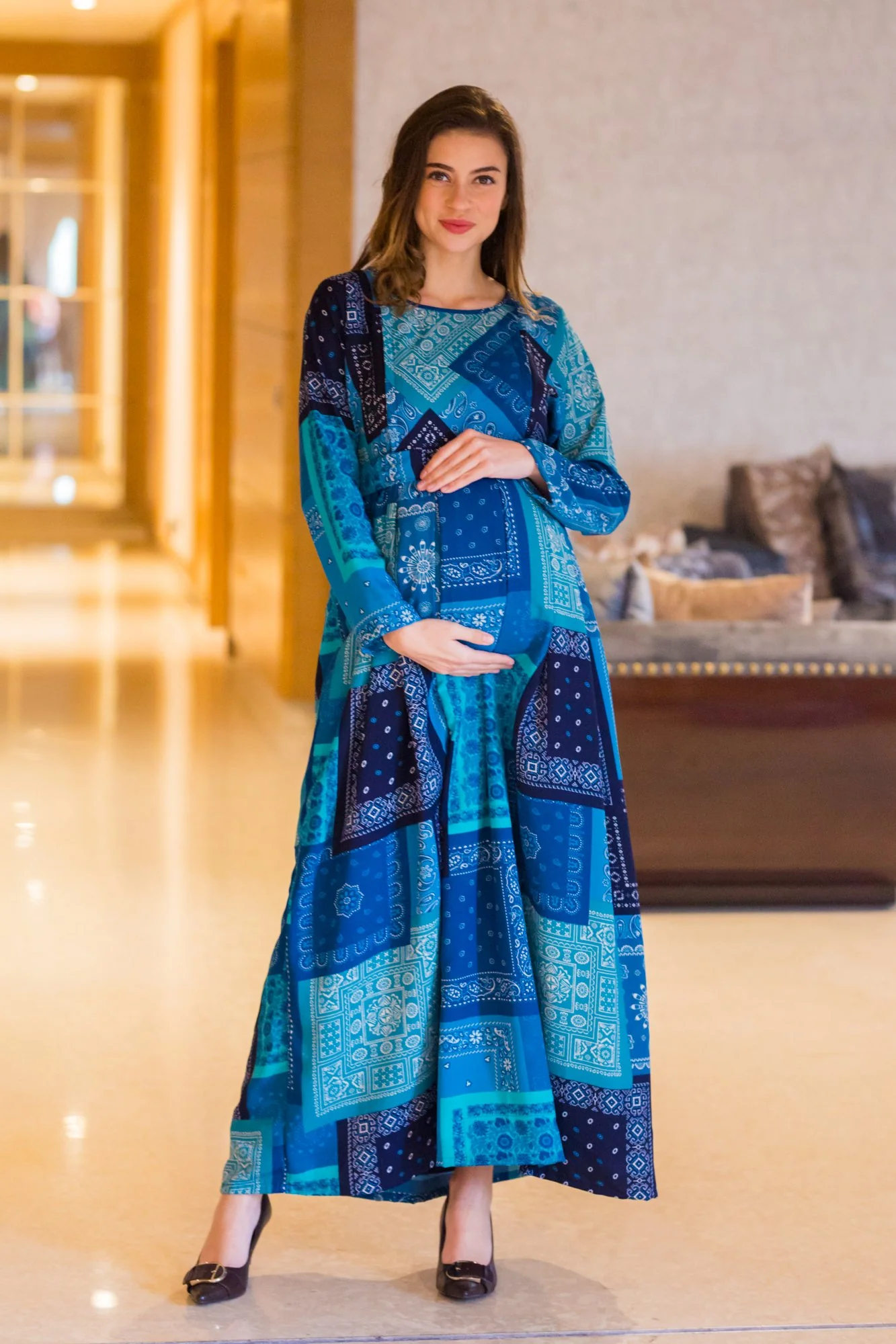 Indigo Pattern Maternity & Nursing Dress - Chenance
