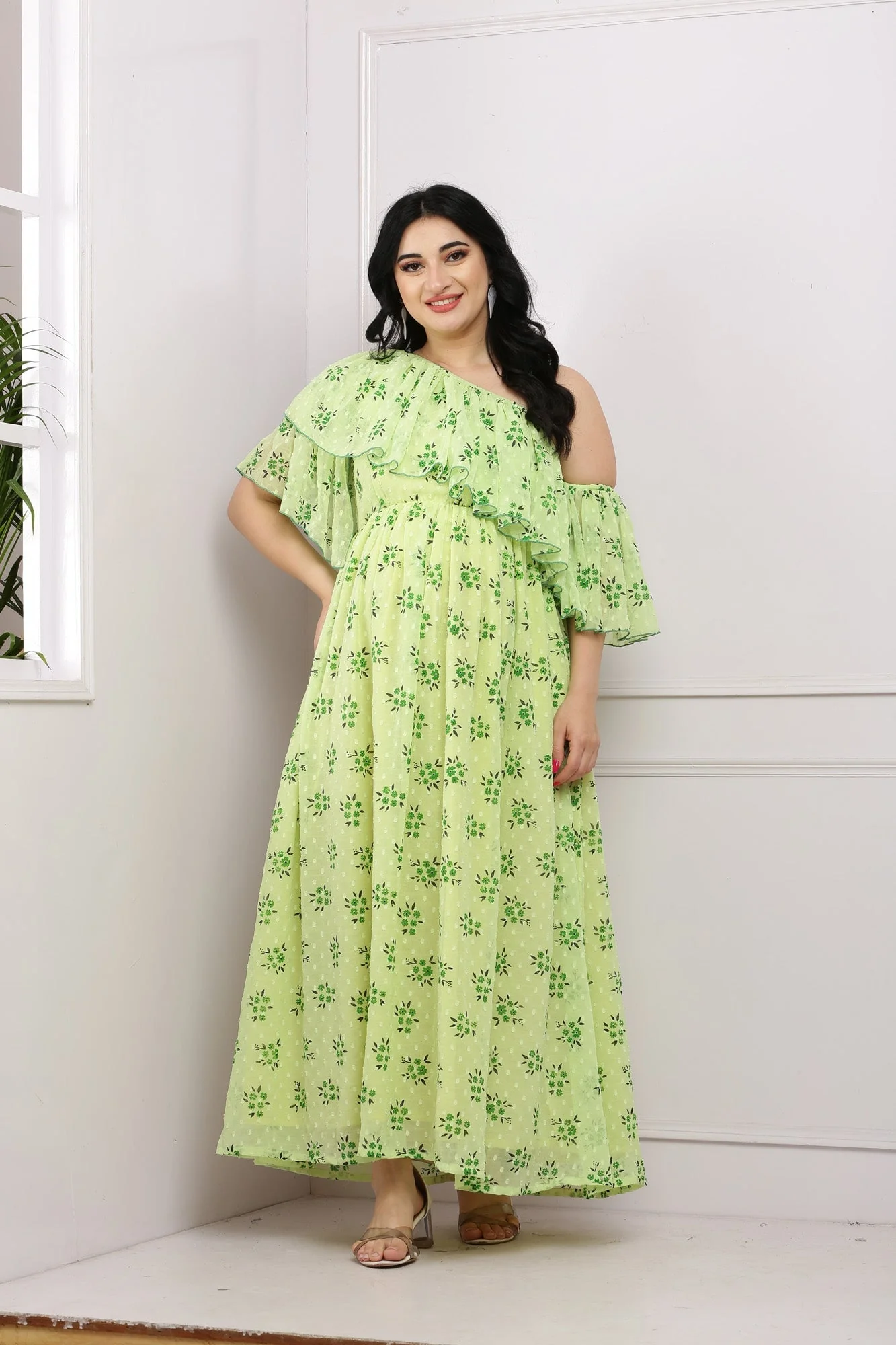 Lime Green One Shoulder Maternity & Nursing Frill Maxi - Chenance