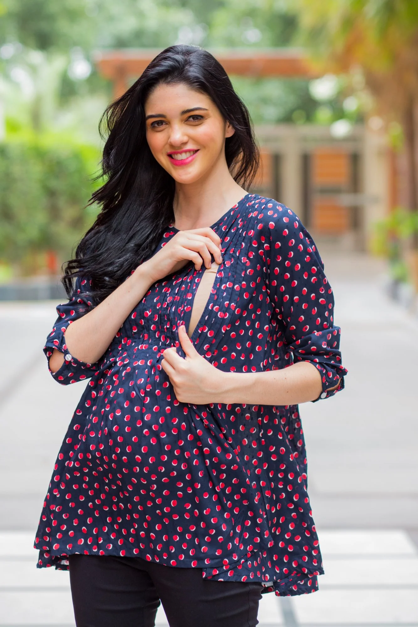 Bubbly Polka Pintucks Maternity & Nursing Concealed Zip Top - Chenance